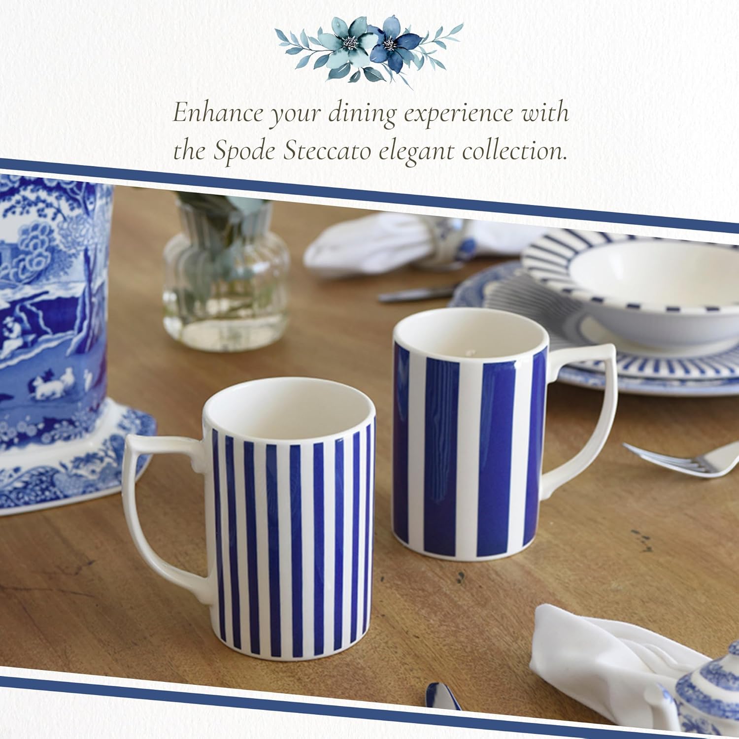 Spode Steccato Collection - 12oz Coffee Mug with Large Handles, Stripe Cobalt Blue | Made of Fine Earthenware | Dishwasher and Microwave Safe | Cup For Coffee, Tea, Latte, and Hot Chocolate