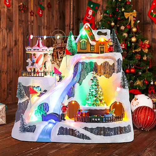Miniatura 27 de Casa de pueblo de Navidad, edificios coleccionables musicales de Navidad, rotación de tren de hoguera con luces LED, aldea de vacaciones con USB