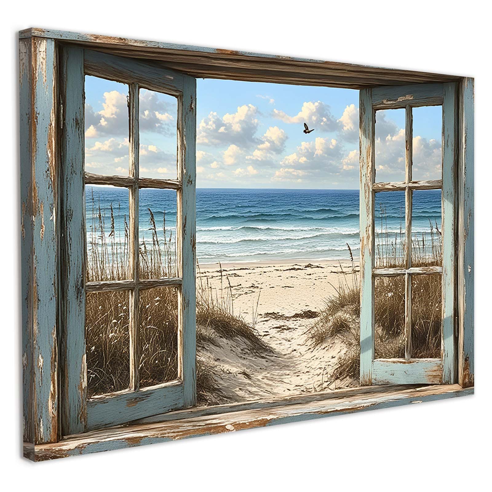 Framed Canvas Wall Art 12x16 Inch Mediterranean Coastal Window View Artwork Ocean Sailboat Wall Canvas Pictures for Living Room Bedroom Hallway Wall Decoration Prints with Hooks Magic Tape and Nails — view 12