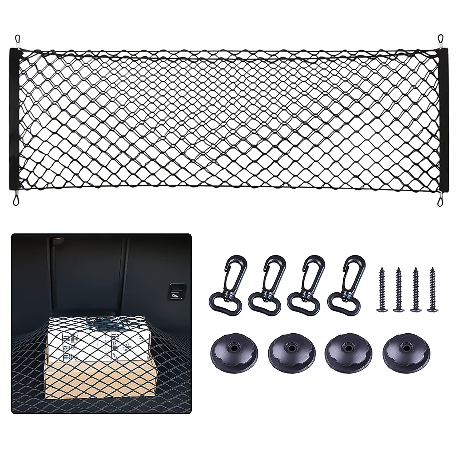 KASTWAVE Rear Cargo Net Stretchable, Universal Adjustable Trunk Cargo Storage Organizer Compatible for SUV Jeep Truck, Storage Nylon Mesh Double-layer with Hooks, Easy to Install, Great Elasticity