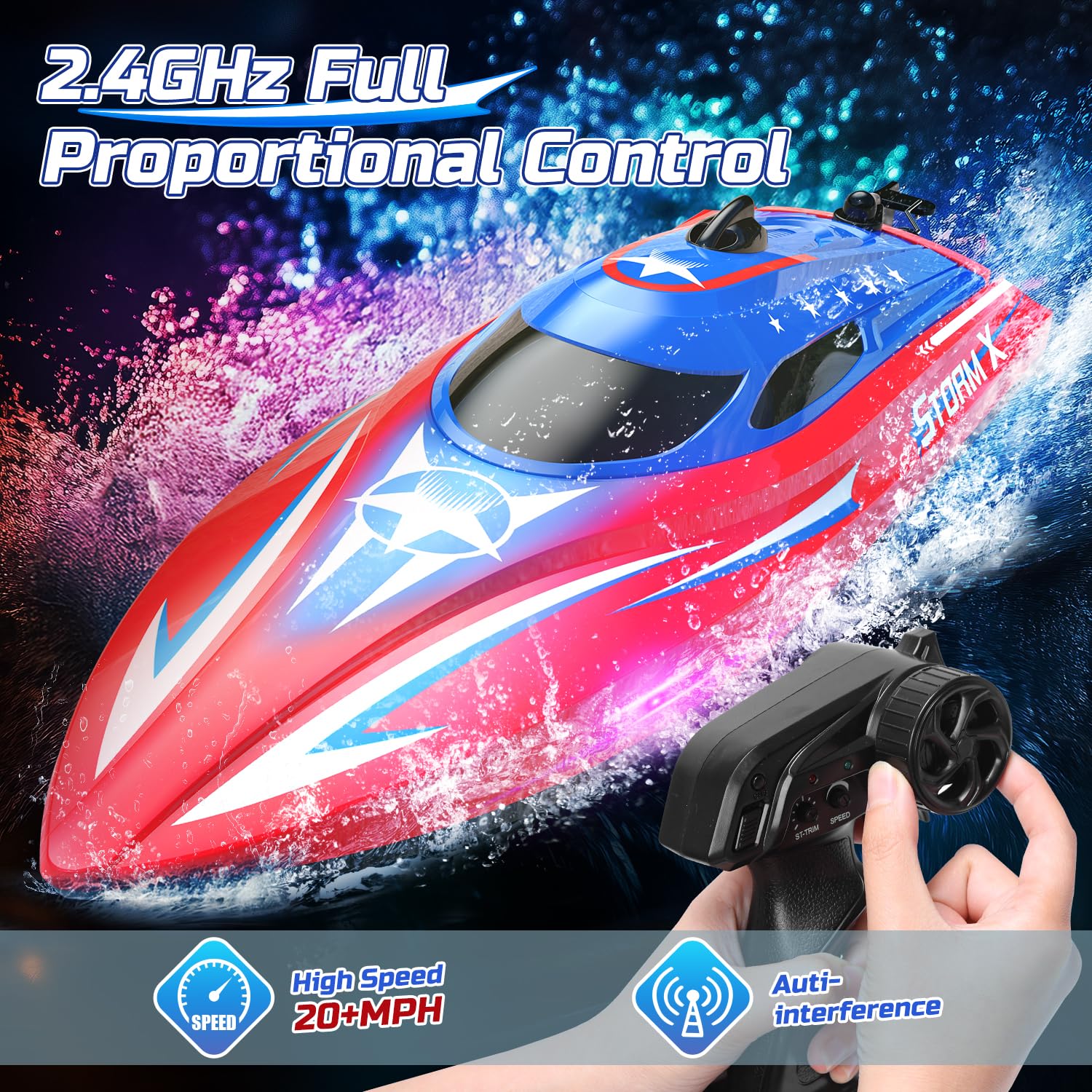 HOLYFUN Full Proportional Remote Control Boat for Kids & Adults, 20MPH+ High-Speed Waterproof RC Boat, 2 Battery(30 Mins), 2.4GHz Racing Boats Toy for Water Pool & Lake