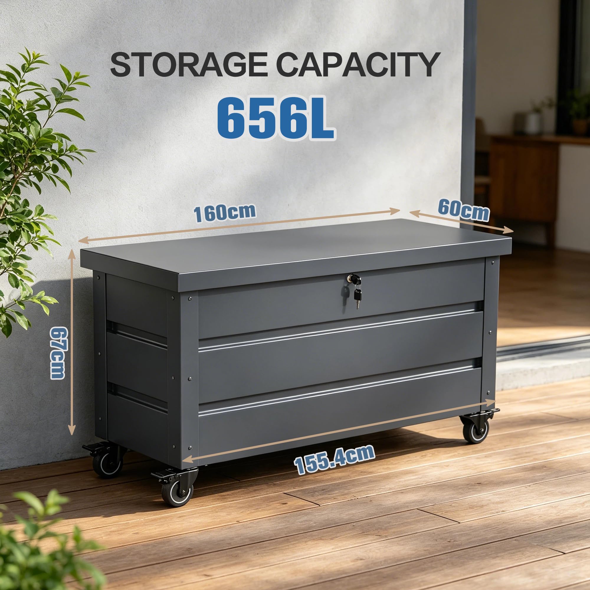 Gartenbox aus Metall mit Rädern und Schlössern 656L | Outdoor Kissenbox für den Garten mit Rostfeste Beschichtung | Outdoor Aufbewahrungsbox/Auflagenbox wasserdicht für Kissen - 158x63x66cm