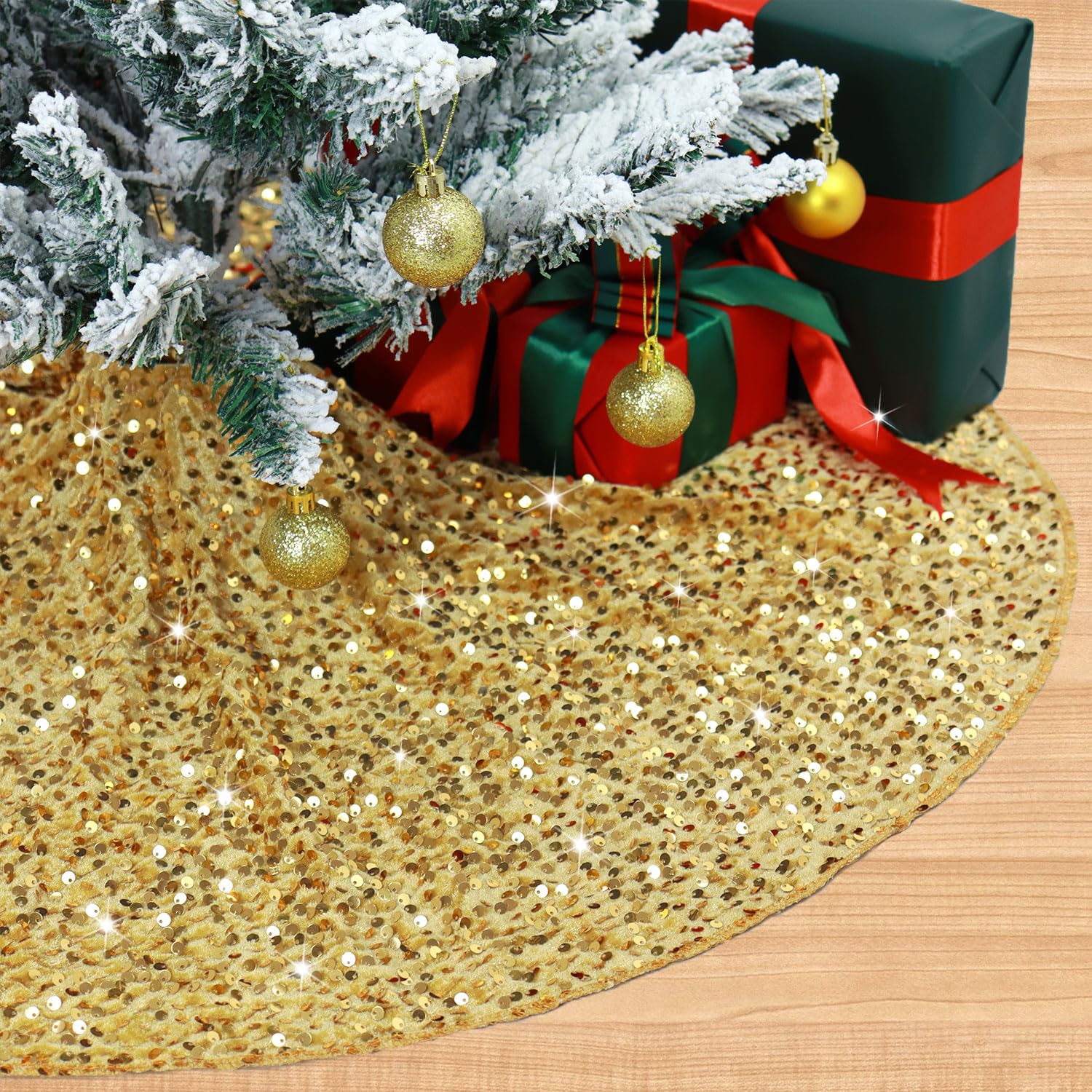 Small Gold Christmas Tree Skirt 21 Inches Glittery Sequin Tree Skirt Round Mini Tree Base Cover with Gold Sequins Tree Skirts Christmas Pencil Tree Skirt for 4ft Xmas Tree Home Decoration