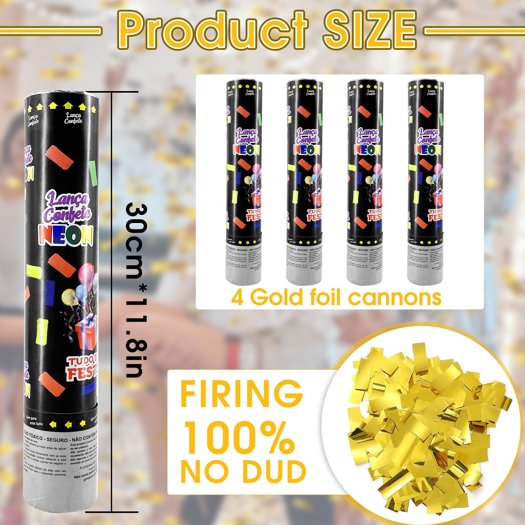 Canon à Confettis Doré*4pcs, SilverChry Party Popper, Lanceur Cotillons CanonConfettis Anniversaire, TubeConfettis Mariage, Canon Confettis Fête, TubeConfettis Explosif (carré