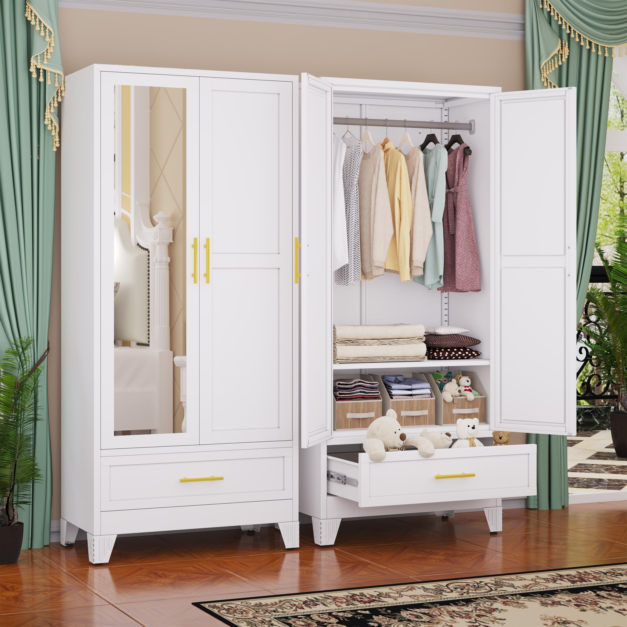 GAIOUS Steel Armoire WardrobeCloset with Mirror Door and Drawer 71" White