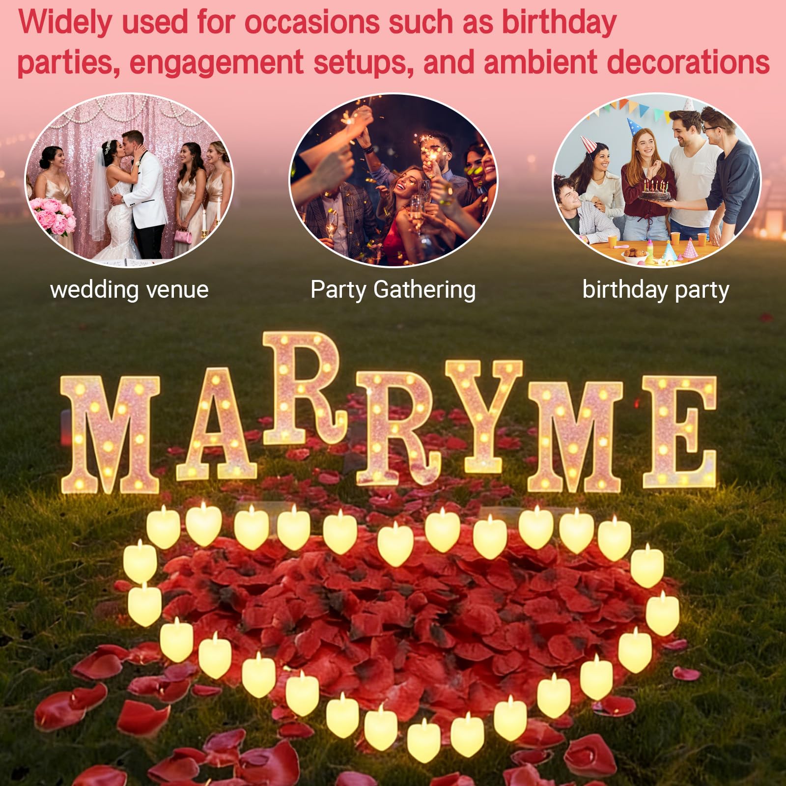 2031 pezzi rosa MARRY ME lettere luminose come decorazione per proposte di matrimonio, 2000 petali di rosa, cartello MARRY ME con 24 candele a cuore senza fiamma, per proposte di matrimonio