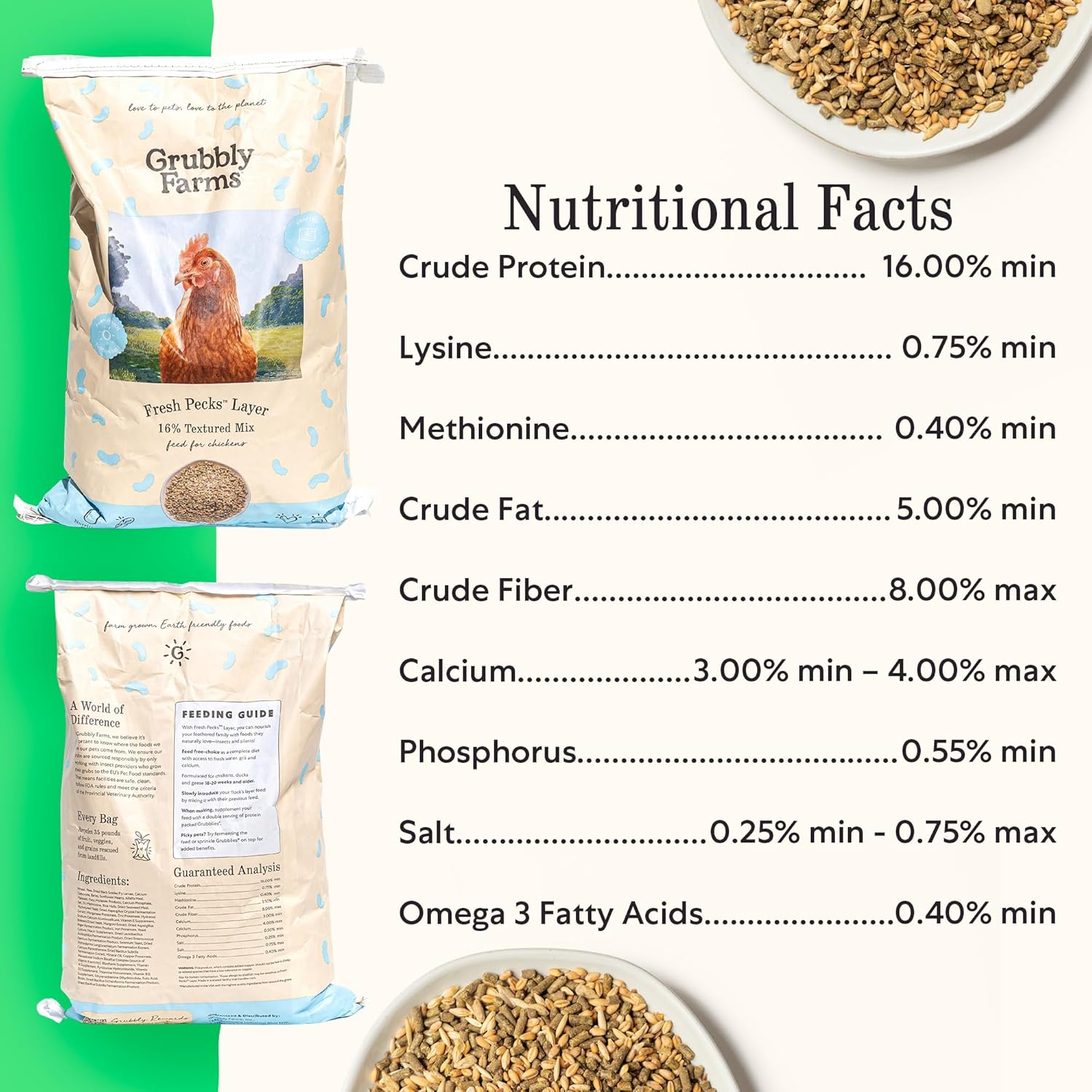 Grubbly Farms Fresh Pecks Layer Chicken Feed Textured Mix - 16% Layer Feed for 20+ Week Old Hens, Batams, and Larger Breeds - Contains Black Soldier Fly Grubs - No Soy, Corn, or Fish - 30 lb Bag