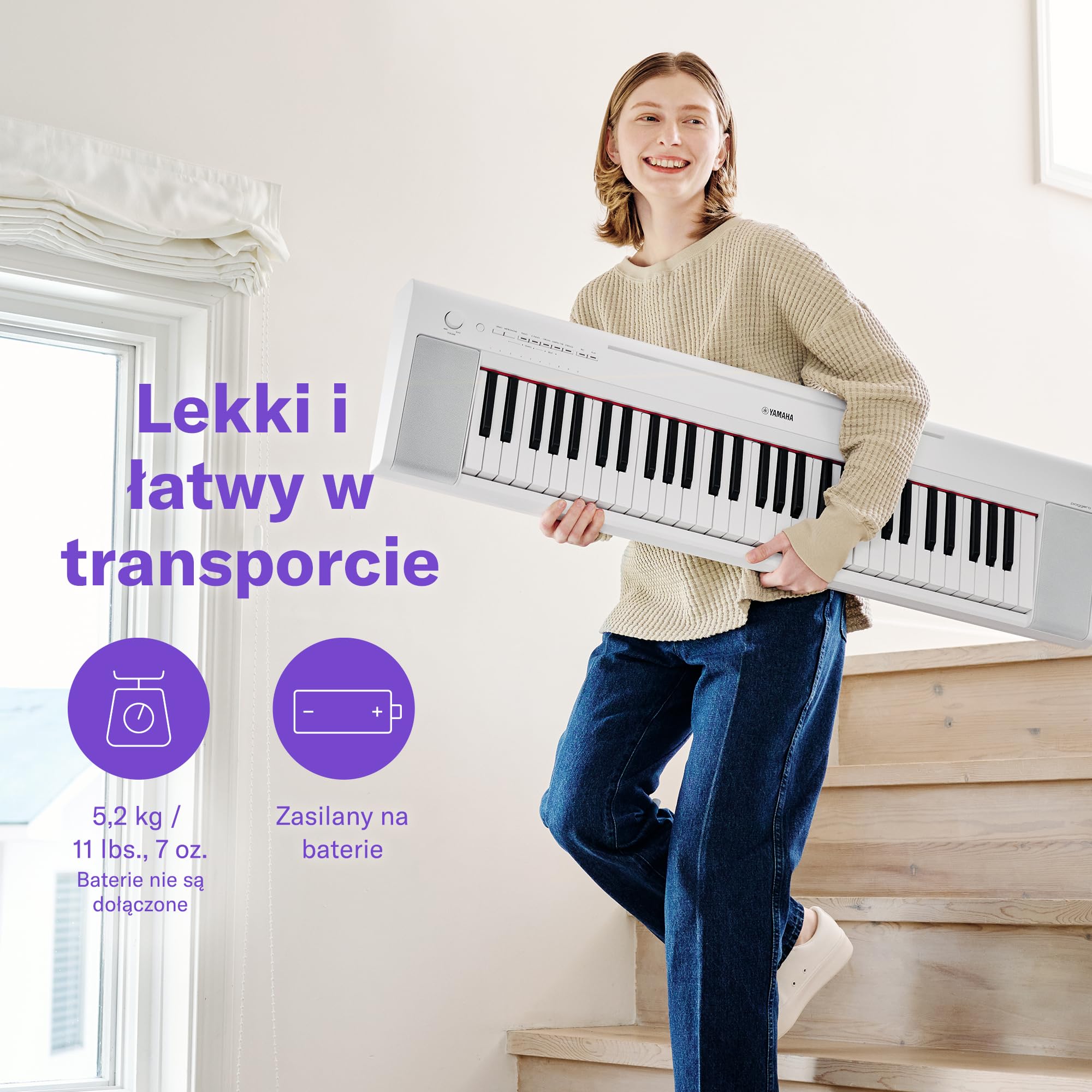 Yamaha Piaggero NP-15WH Keyboard, Pianino cyfrowe z 61 klawiszową klawiaturą i i 15 brzmieniami instrumentalnymi, lekki i przenośny
