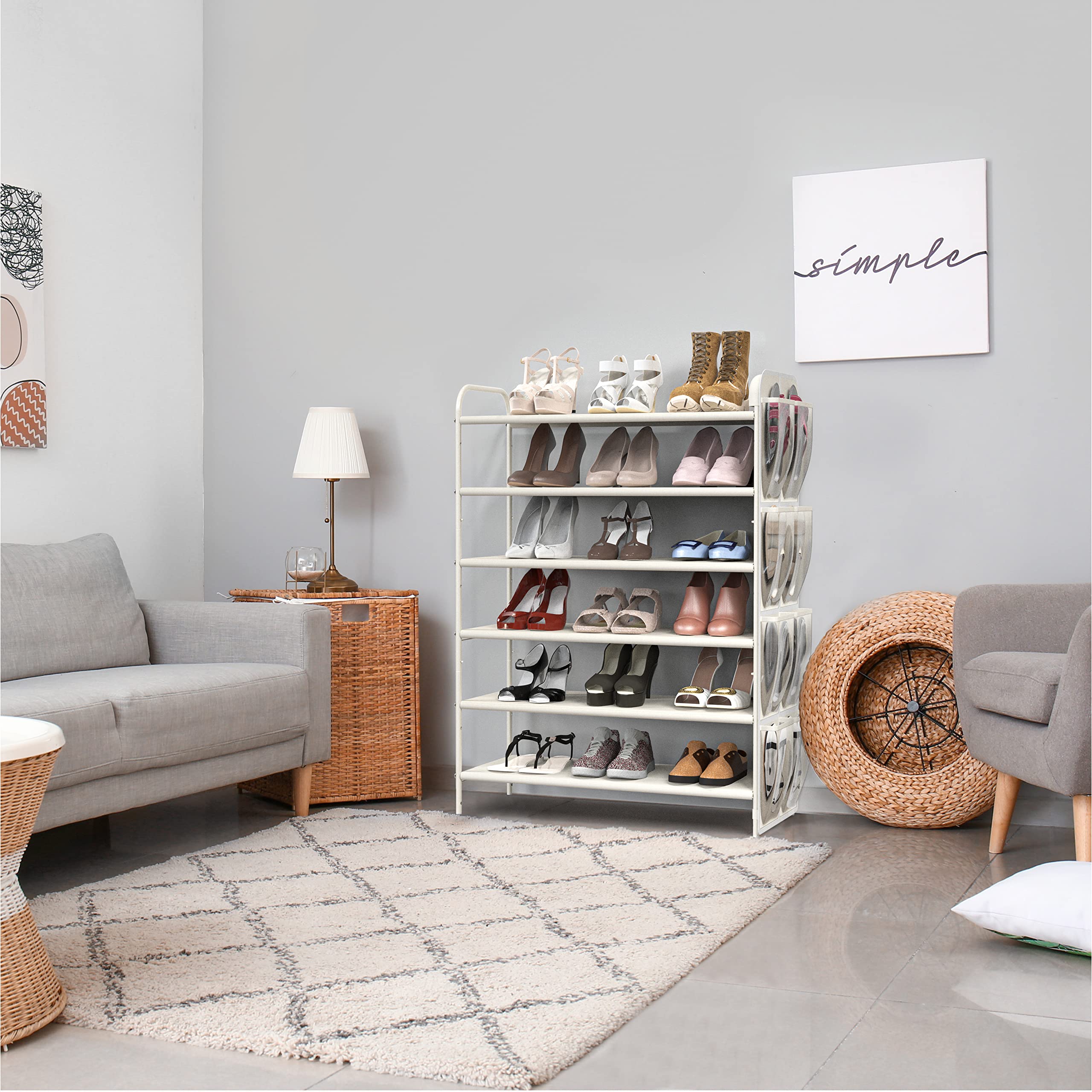 Simple Houseware 6-Tier Shoe Rack Storage Organizer w/Side Hanging Bag, White