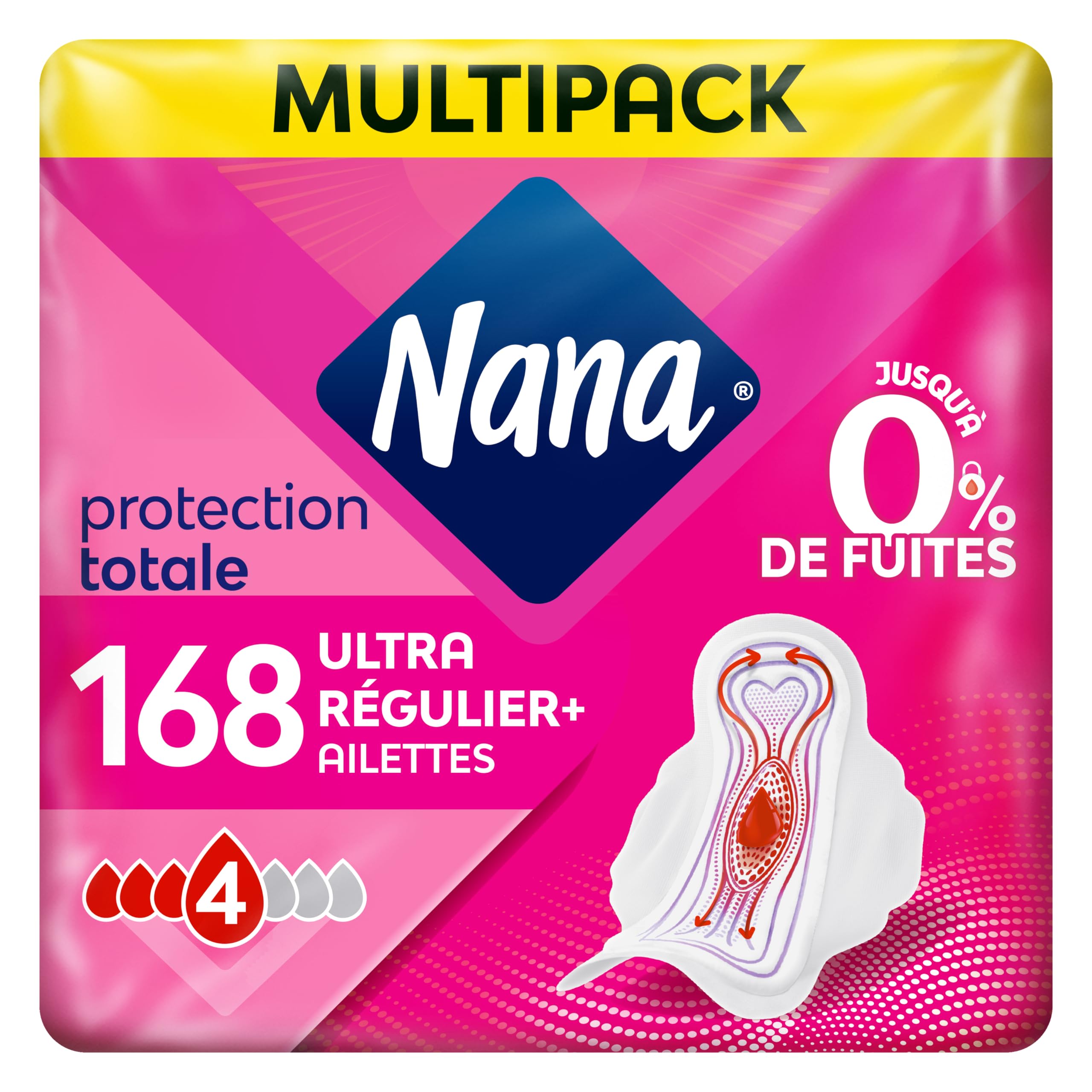 Nana Ultra Régulier Plus Serviettes Hygiéniques Avec Ailettes - Flux Modérés - 28 Serviettes En Pochette Individuelle