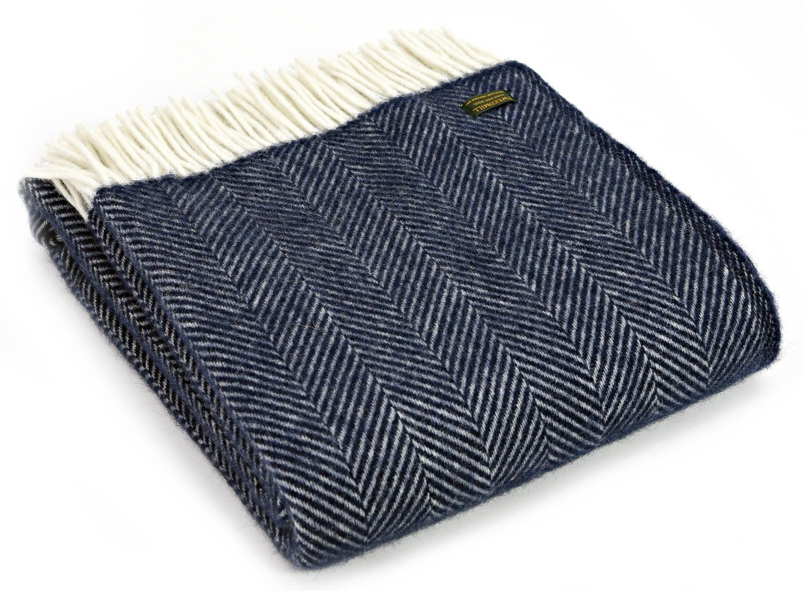 Tweedmill Textiles Herringbone Pure New Wool Throw/Blanket - Blue Navy/Cream - British Made