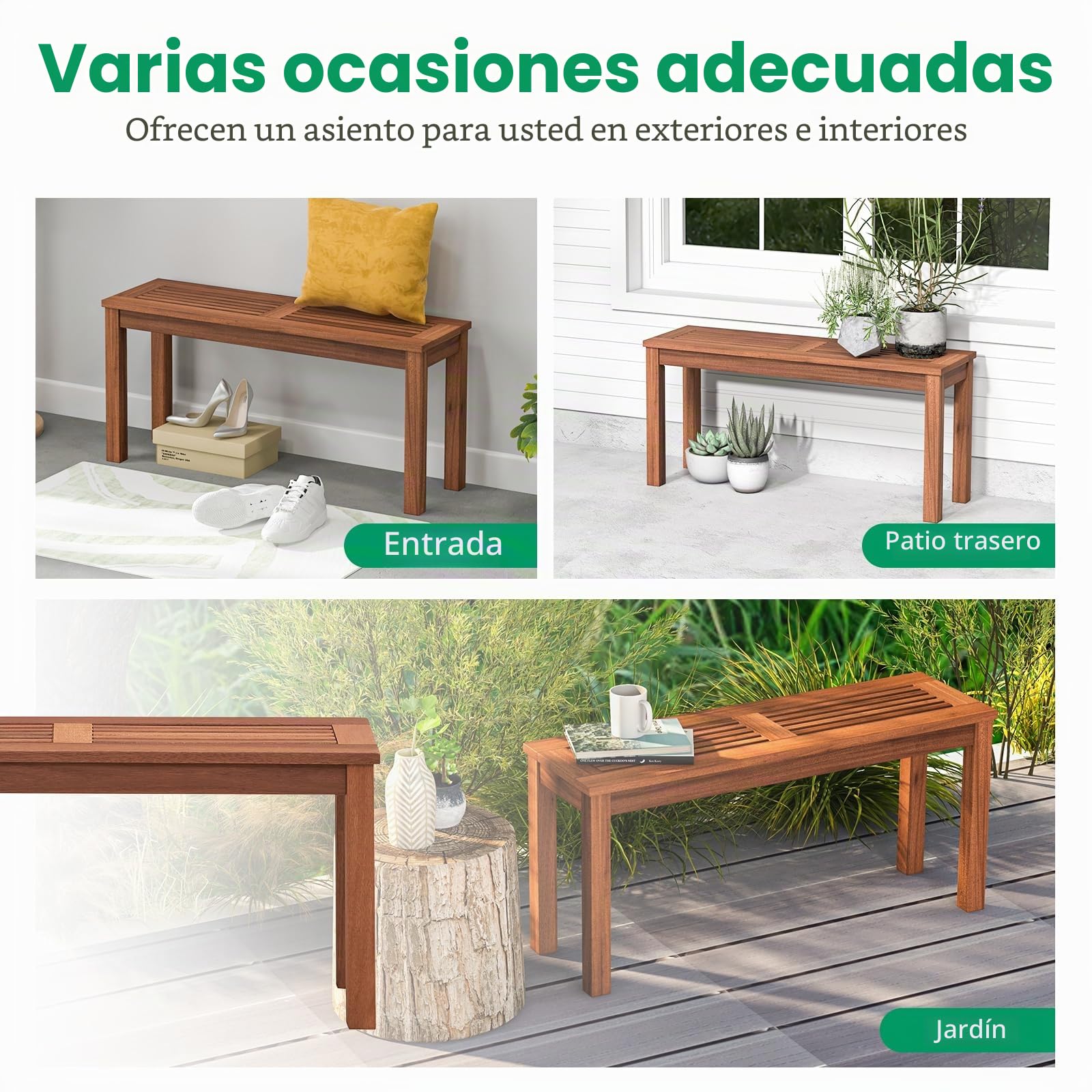GOPLUS Banco de Jardín de Madera Maciza para 2 Personas, Banco de Comedor con Asiento de Listones Transpirables, Banco Jardin Exterior para Entrada Terraza Parque, Carga 150 kg, 100 x 30,5 x 47 cm (1)