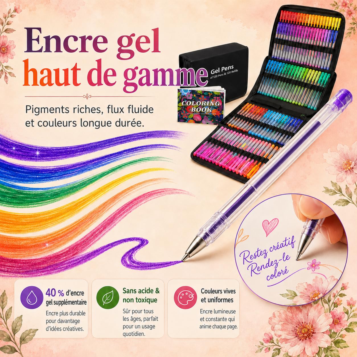 Gunsamg 240 Gel Coloriage Adulte, 120 Stylo Paillette avec 120 Recharges, Feutre Gel pour Enfants Livre de Coloriage Dessin, Écriture