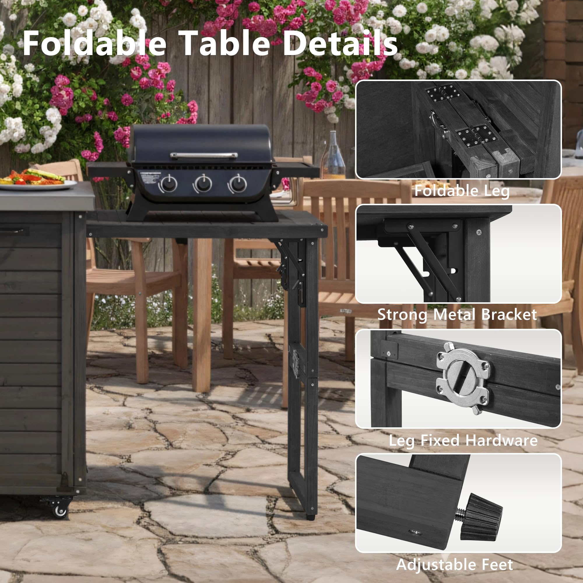 Outdoor-Kücheninsel mit faltbarem Grilltisch, Holzwagen mit Mülleimer und Edelstahl-Oberseite, vielseitiger Barwagen, Pizzaofentisch für Terrasse und Garten, 198,9 cm (Black-08)