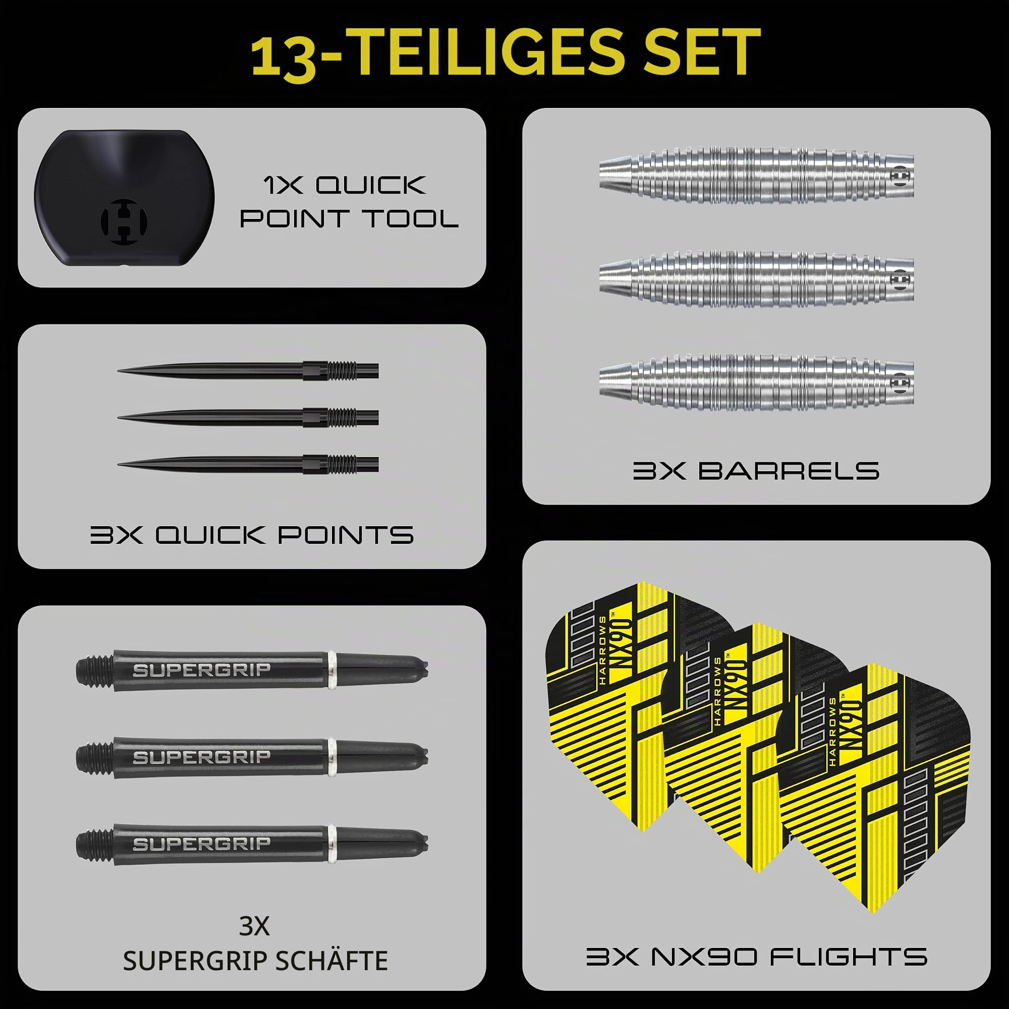 Harrows NX90 Bomb Shape Darts Set I Profi Darts 90% Tungsten Steel Tip Darts-Set mit Quick Point Change System I 10-teiliges Set mit schwarzen Supergrip Midi Schäften & NX90 Flights