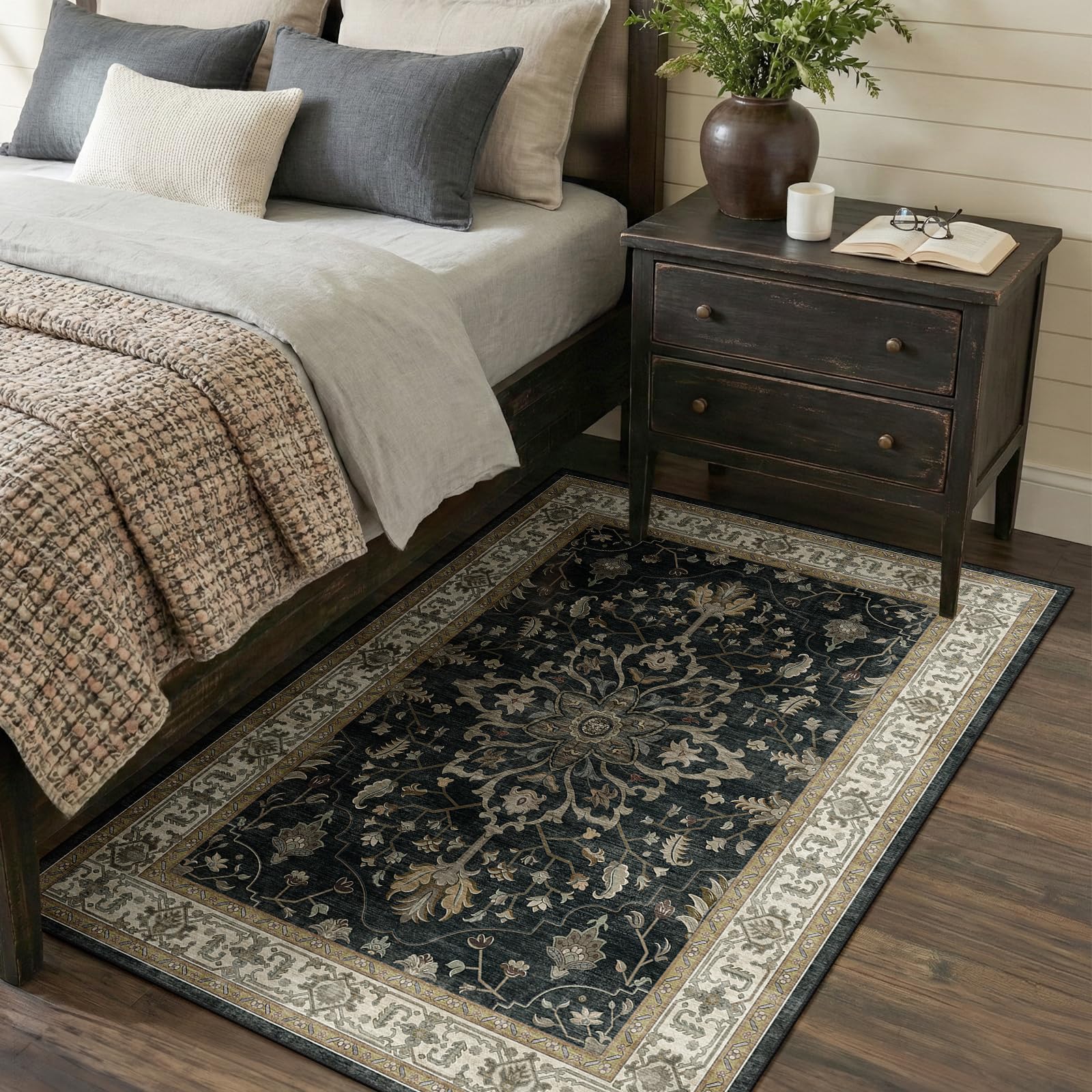 RELEANY Washable Area Rug, 3'x5', Black/Vintage/Beige | Non-Slip, Water Repellent, Pet Friendly, Easy to Clean, Vintage Floral Boho Decor for Living Room Bedroom Beside Kitchen