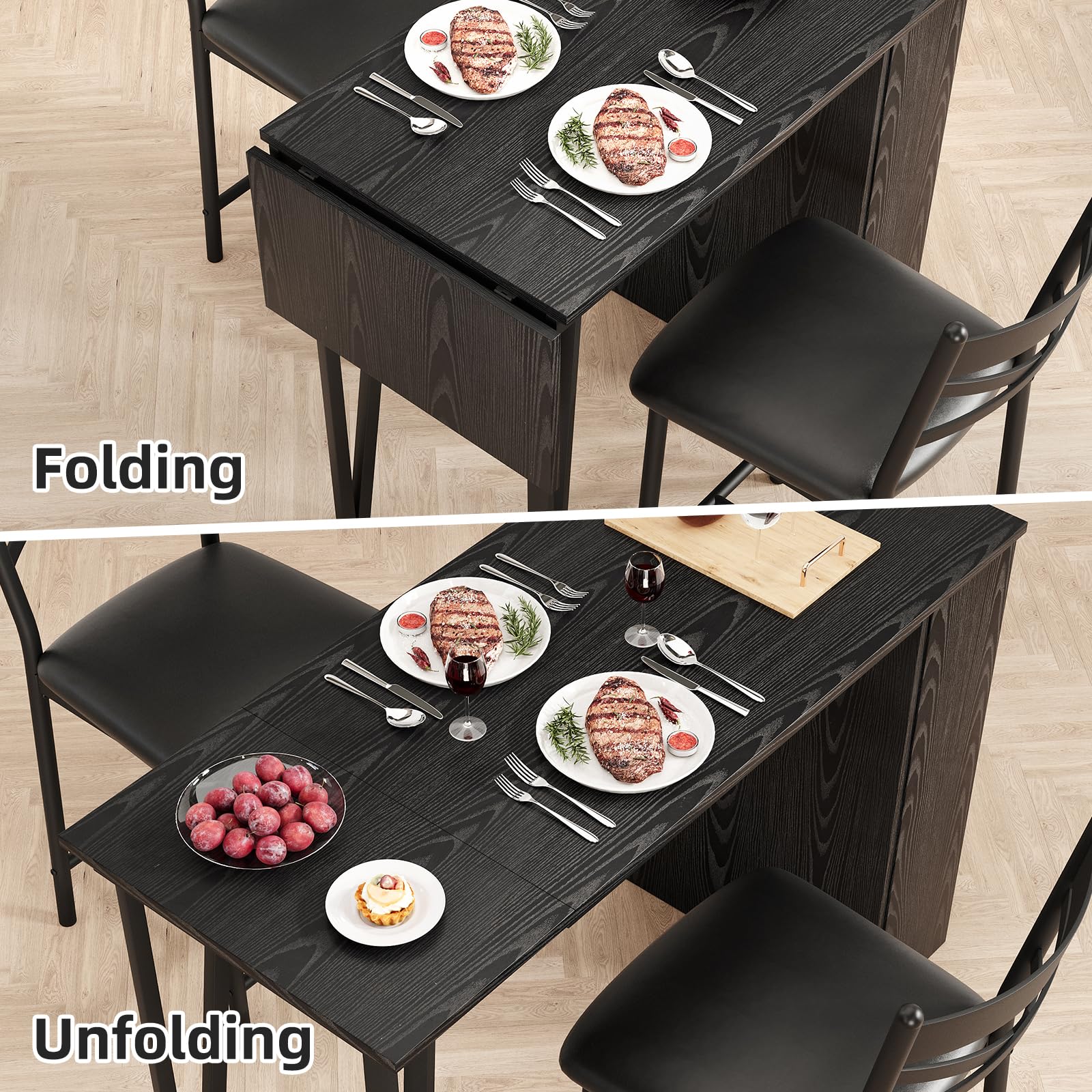 GarveeLife Set Mesa Bar Alta 1+2 Taburetes Estante Negro 120x50x91.5cm | MDF Hierro Tapizado Soft Negra 1 Mesa 2 Taburetes Estante Inferior Extensible Ahorro Espacio Cocina Salón Bar Moderno