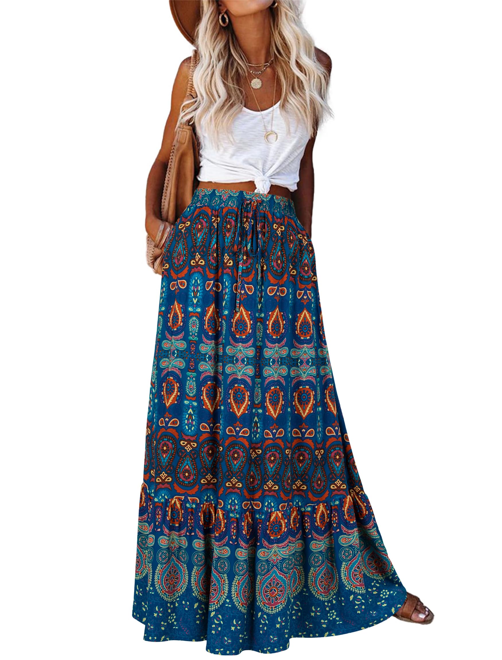 Bsubseach Maxi Skirts for Women 2026 Boho Skirt Long Flowy Skirts A Line Floral Skirt with Pockets Bohemian Trendy Summer
