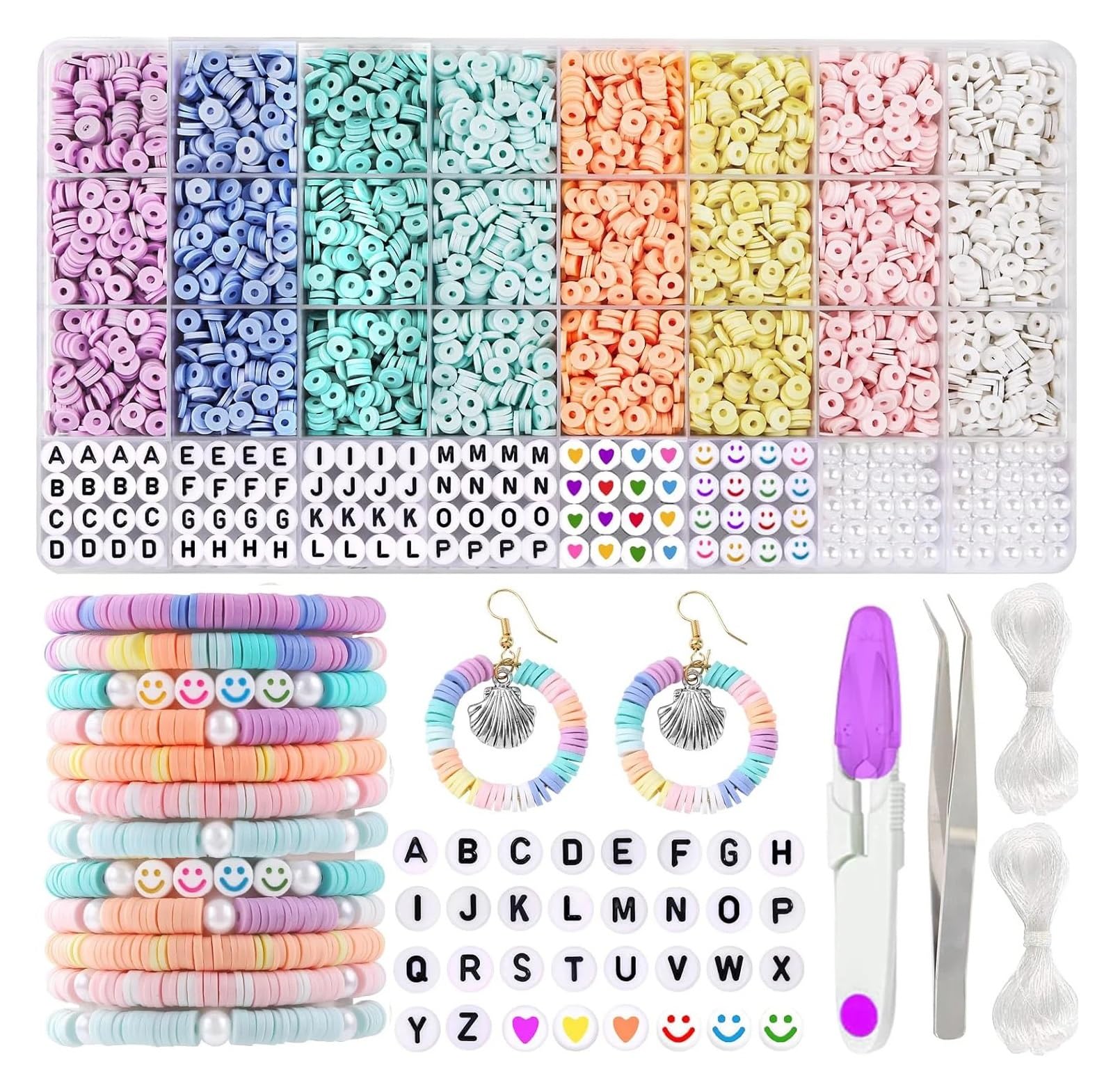 Ayztantine Juego de 3860 cuentas arcilla polimérica color macarrón, planas for hacer pulseras y collares únicos, con letras, accesorios bricolaje Juego Hacer Pulseras