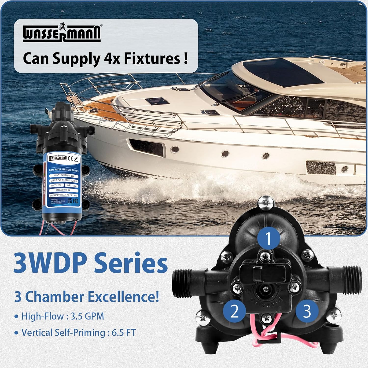 WASSERMANN 12V DC RV Water Pump, 3.5GPM 45PSI, 3-Chamber Self-Priming Diaphragm Pump with Pressure Switch for RV Marine Camping Yacht Garden, 1/2"NPSM Connection