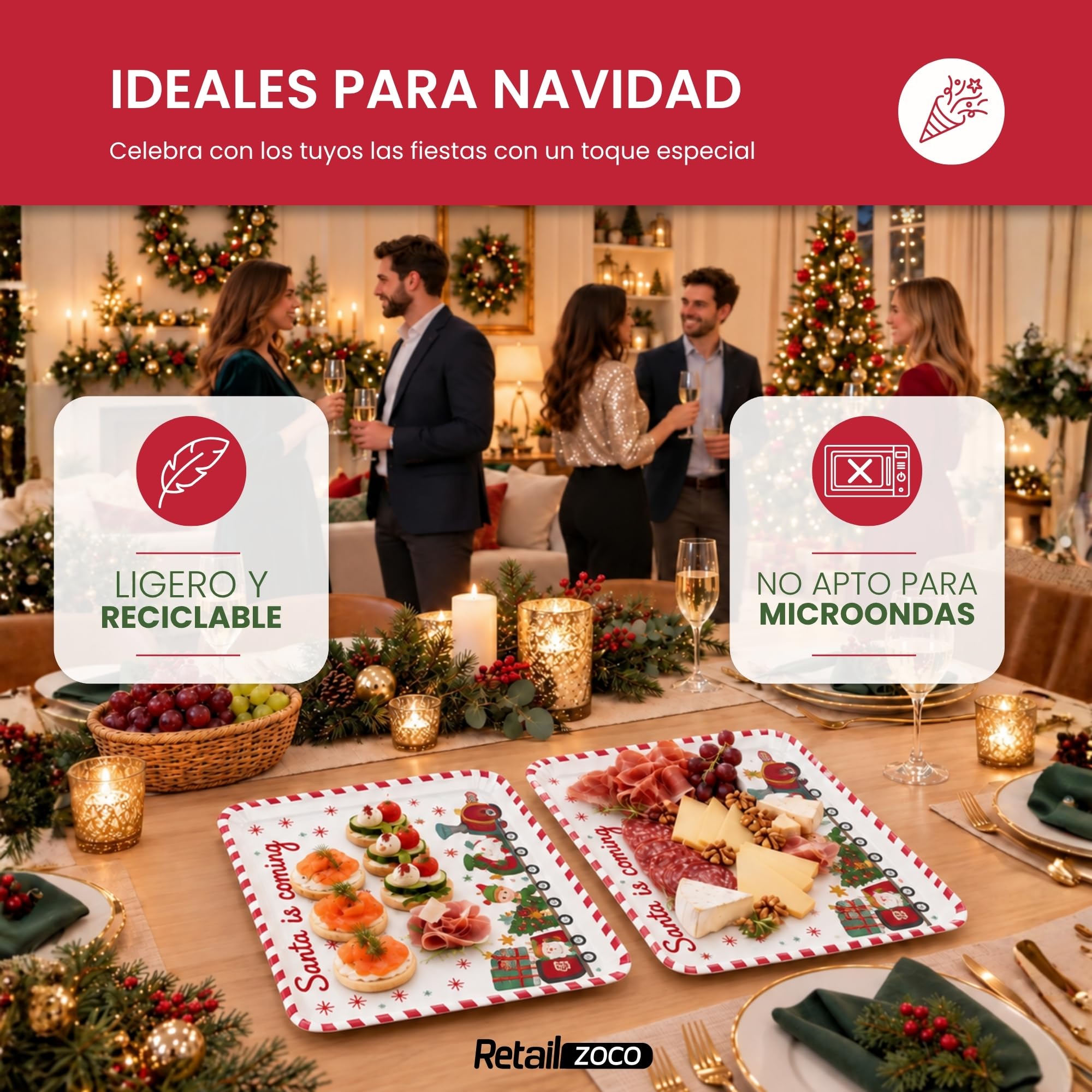 Bandejas de Cartón para Servir, Diseño Santa is Coming, 6 Unidades - imagen 5