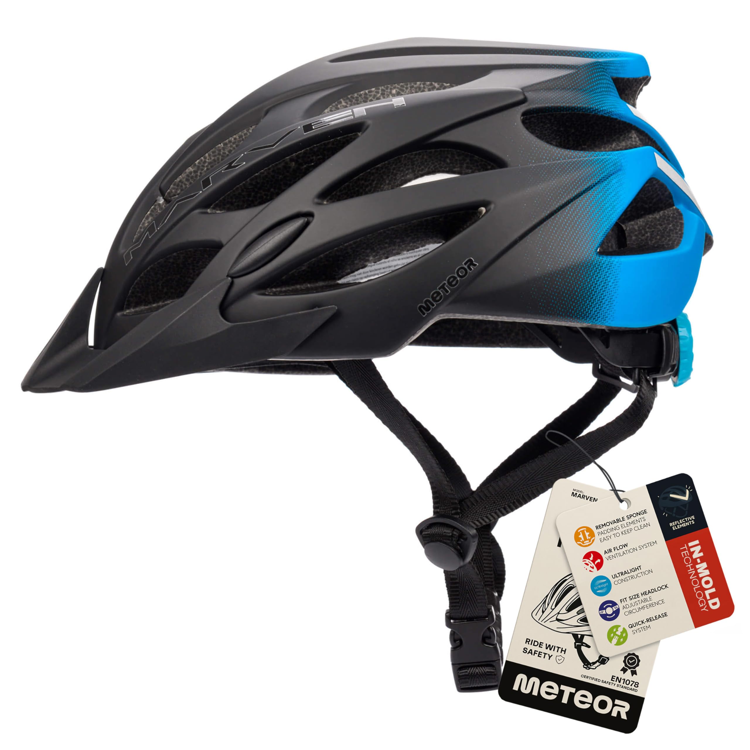 Meteor - MARVEN Cycle Helmet – Lightweight Adjustable Helmet for Men, Women, Kids – MTB, Bike, Scooter, Skateboard & Hoverboard – Breathable with Detachable Visor - Size M - Blue