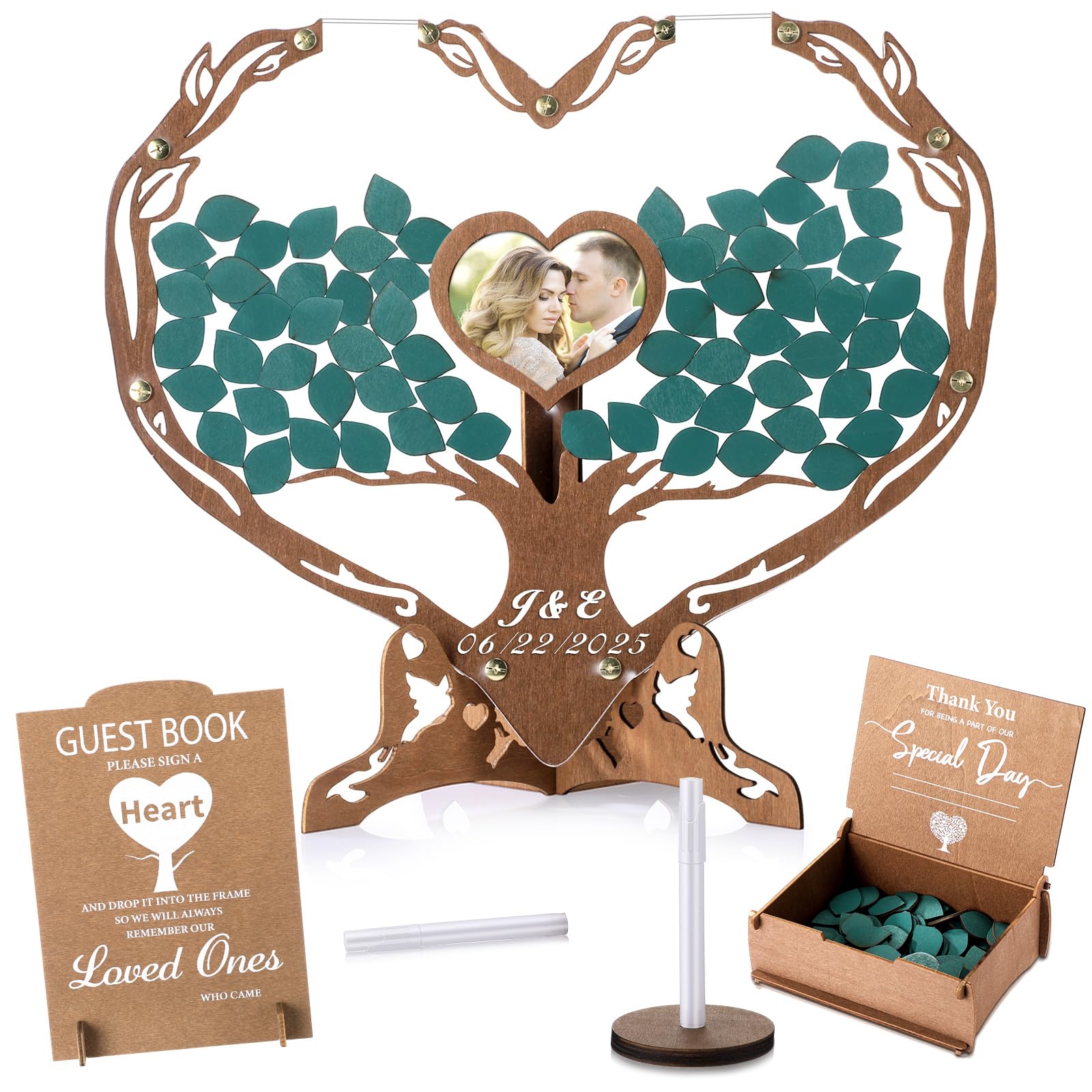 Colingmill Heart Shaped Wedding Guest Book Alternative Rustic Wooden Tree Sign Wedding Reception Guest Book Drop Box with Picture Frame for Wedding Anniversary Party Decor
