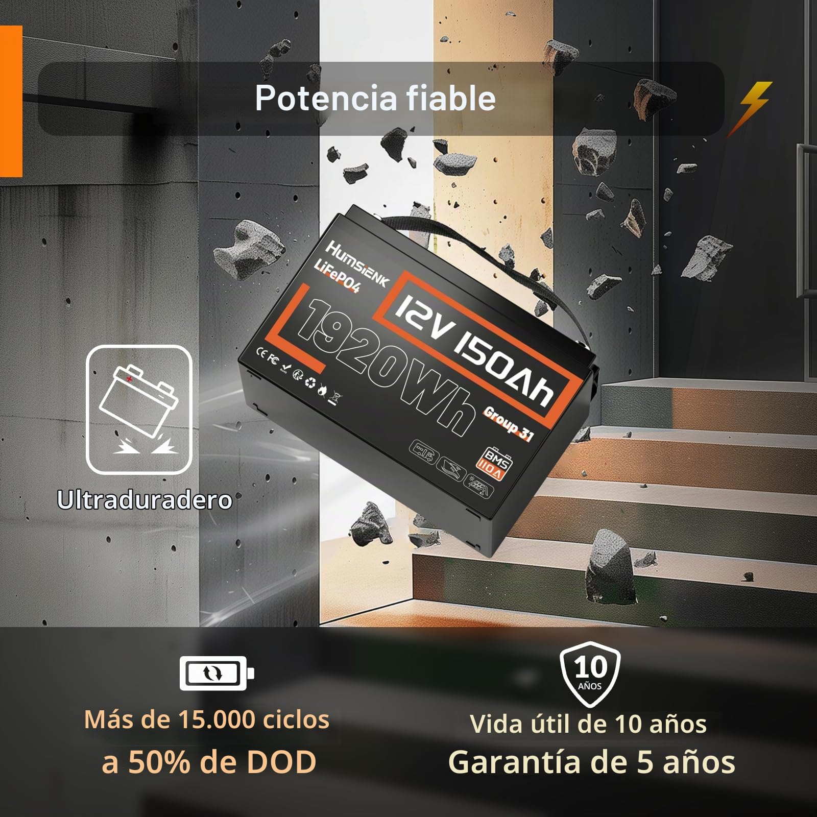 Humsienk Batería Litio 12V 150Ah,Bateria LiFepo4,BMS Inteligente de 110A,4.000–15.000 Ciclos Profundos de 12 V 1920 Wh Recargable,Protección Baja Temperatura—para Solar,Autocaravana (RV)