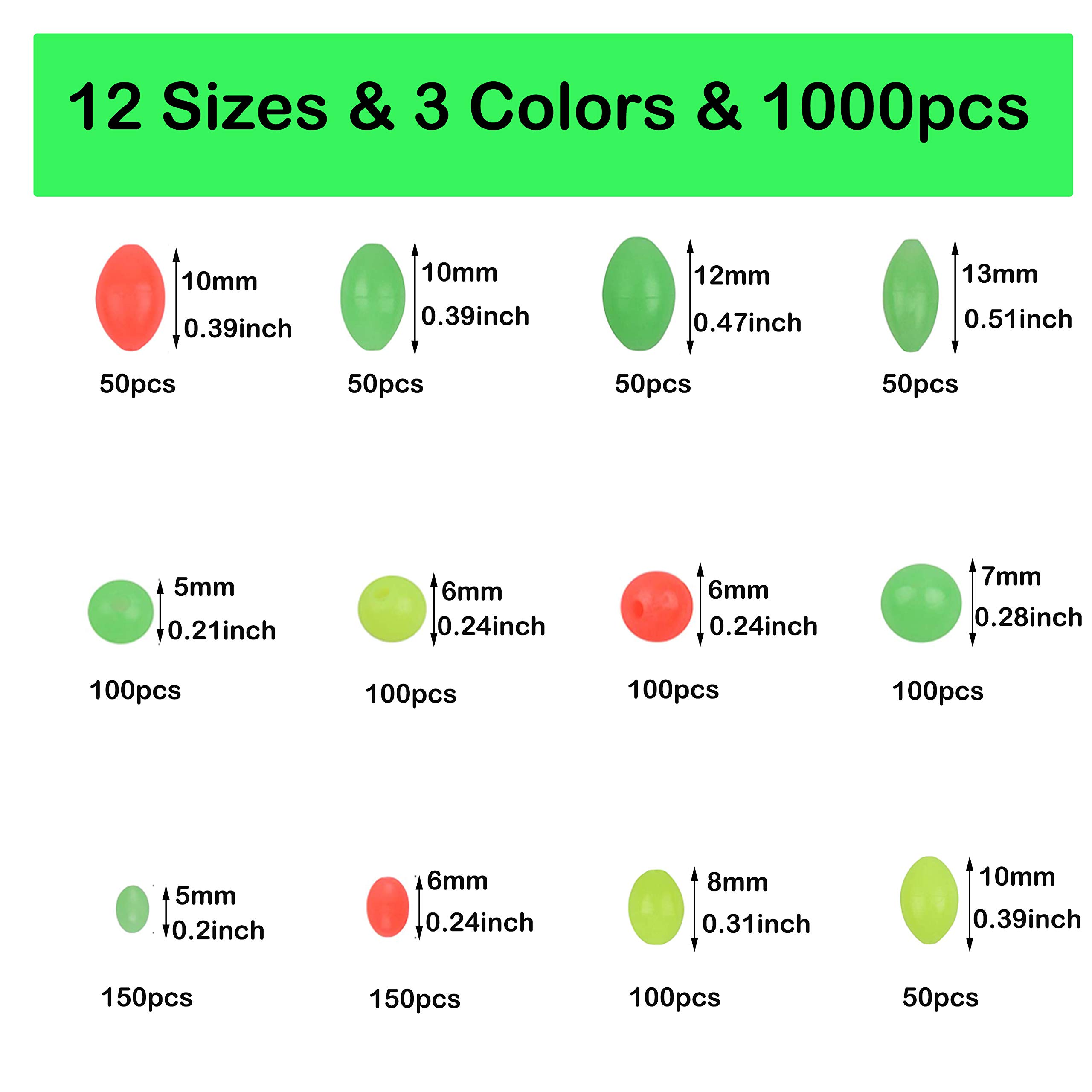JOGFFDE Luminous Fishing Beads, 1000pcs Assorted Size, Soft Plastic, Oval Round Shape, Mixed Color, Glow Beads for Deep Drop Rigs, Trolling Lures, Stream, Lake, River, Saltwater Fishing