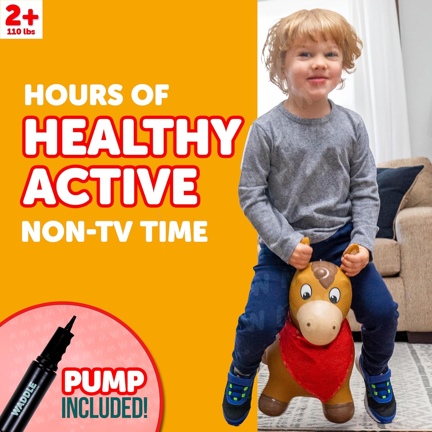 Waddle Bouncy Animal Hopper - Inflatable Hopping Animals, Indoors and Outdoors Fun, Pump Included, Riding Toys for Boys and Girls Ages 2 Years and Up, Brown Horse