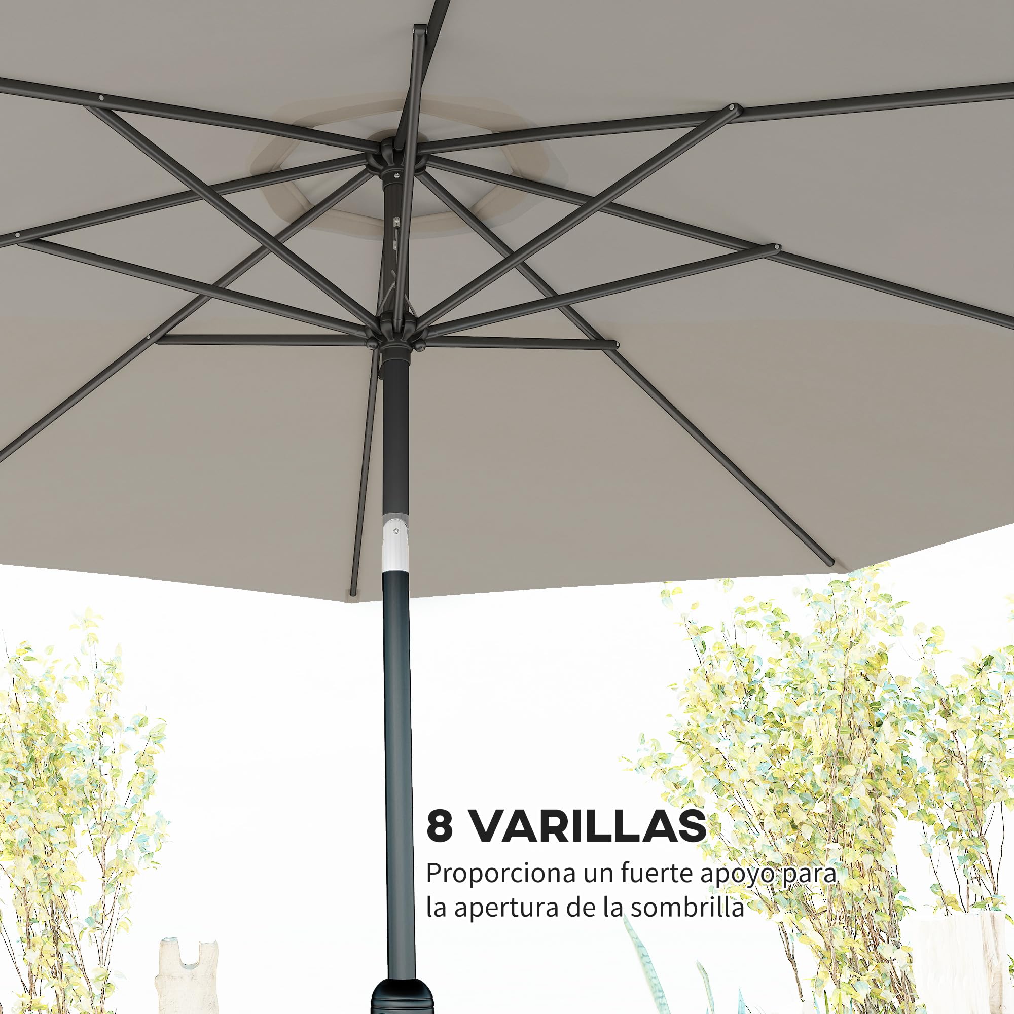 Outsunny Sombrilla de Jardín Ø300x250 cm con Manivela Parasol Exterior con Mecanismo de Inclinación y Poste Desmontable de Metal para Terraza Piscina Patio