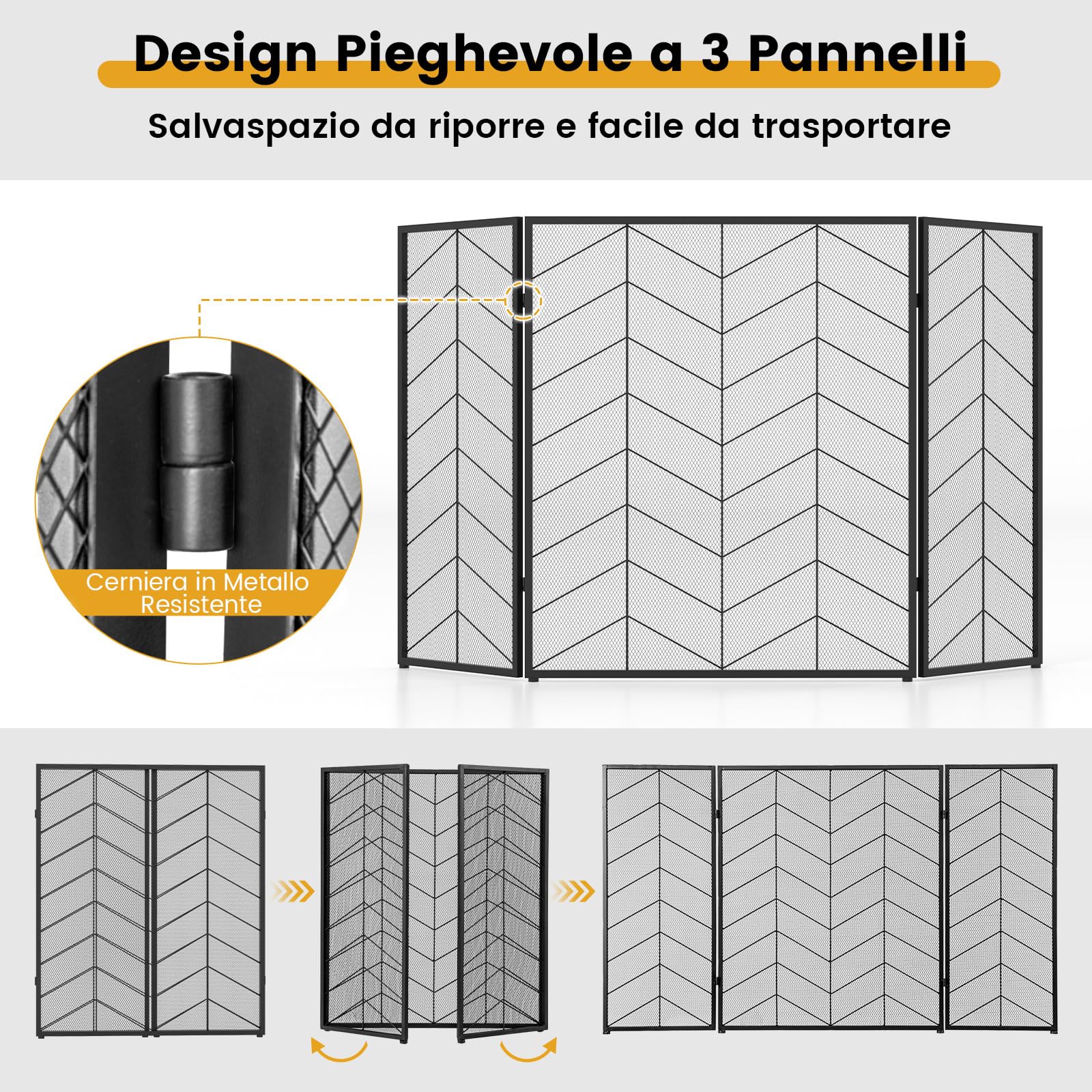 COSTWAY Parascintille per Camino 132 x 79 cm, Paraschizzi Camino Pieghevole a 3 Pannelli con Motivo Bello, Barriera Protettiva Robusta in Metallo per Camino (Stile 2)