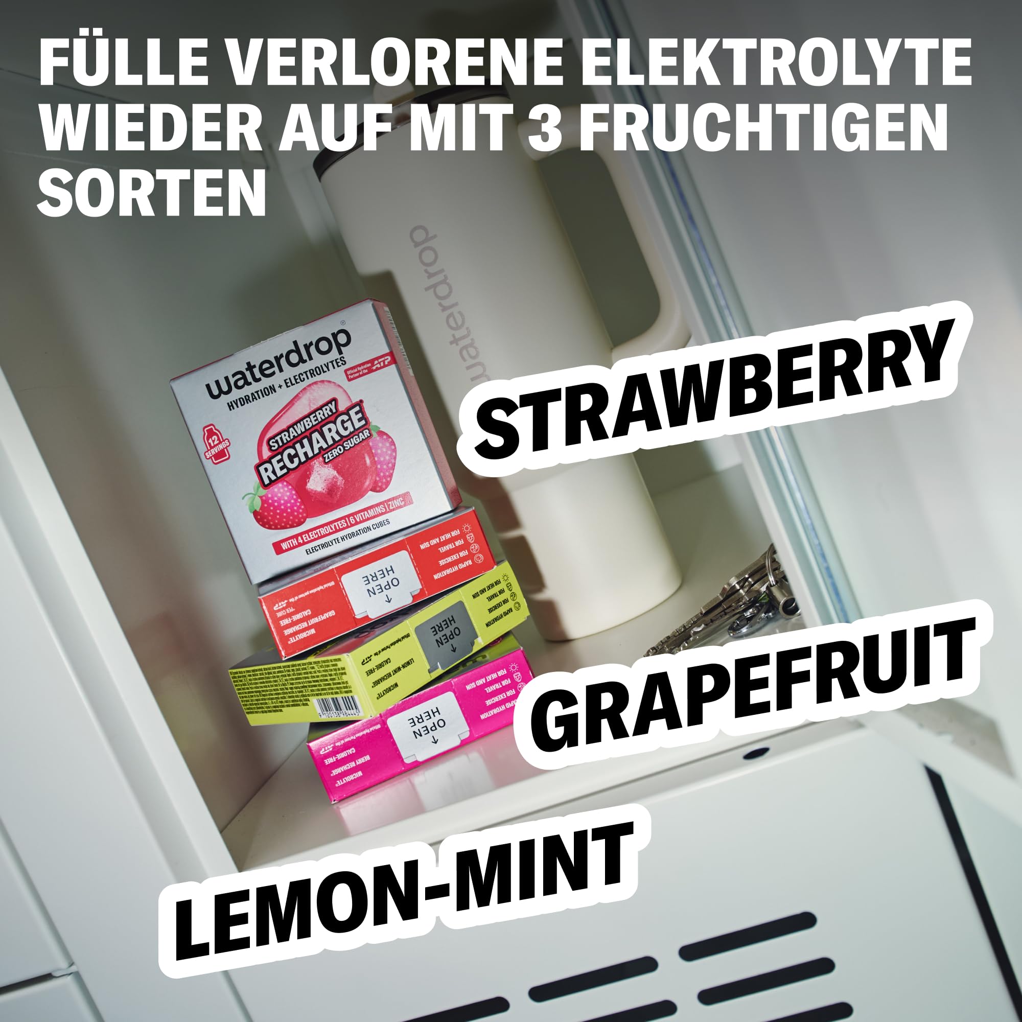 waterdrop® Microlyte Mix – Elektrolyte ohne Zucker für Sport – 36 Drops Würfel mit Magnesium, Kalzium, Natrium + Zink – Hydration & Geschmack für Wasser in Erdbeere, Grapefruit & Zitronen-Minze