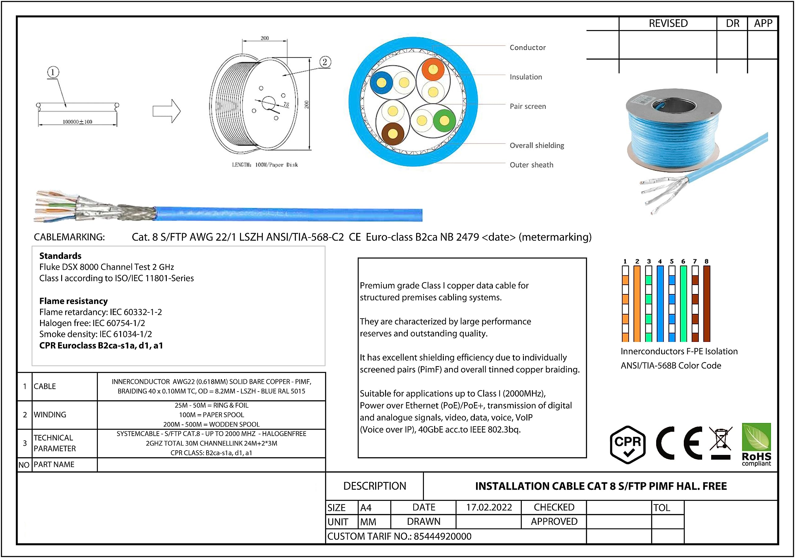 1aTTack.de Cavo di rete CAT 8, CAT.8.1, LAN, privo di alogeni, CAT8, cavo di rete, cavo dati Gigabit in rame Ethernet, 50 m