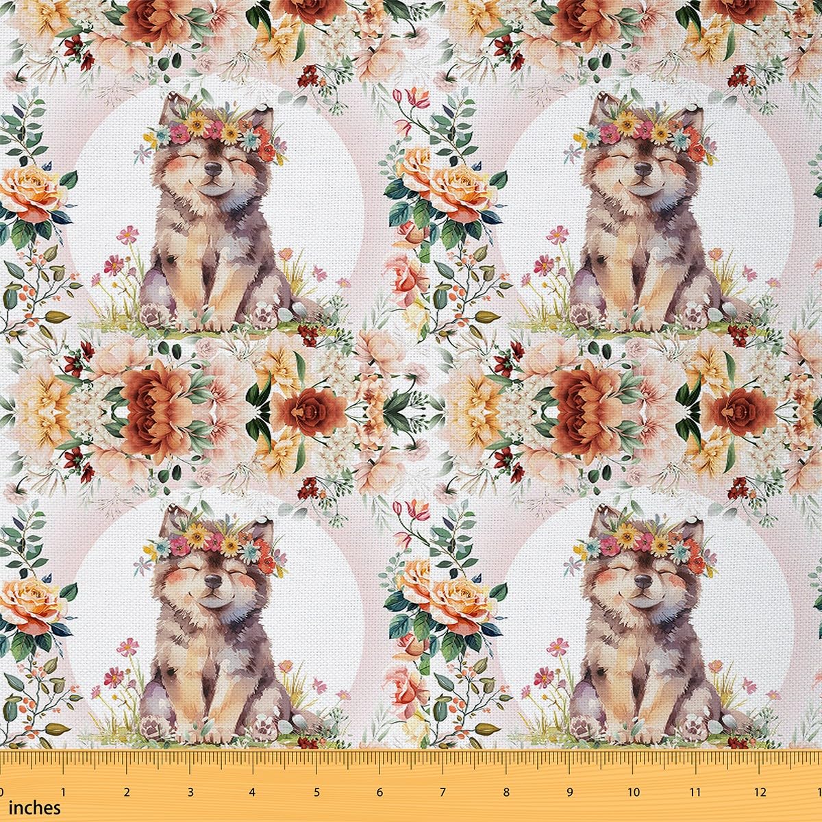 Homemissing Cute Wolf Fabric by The Yard 10 Yards (L920*W150cm) Cartoon Animal Decorative Fabric Flower Floral Print Upholstery Fabric Farm Zoo Wildlife Style Decor DIY Reupholstery Fabric