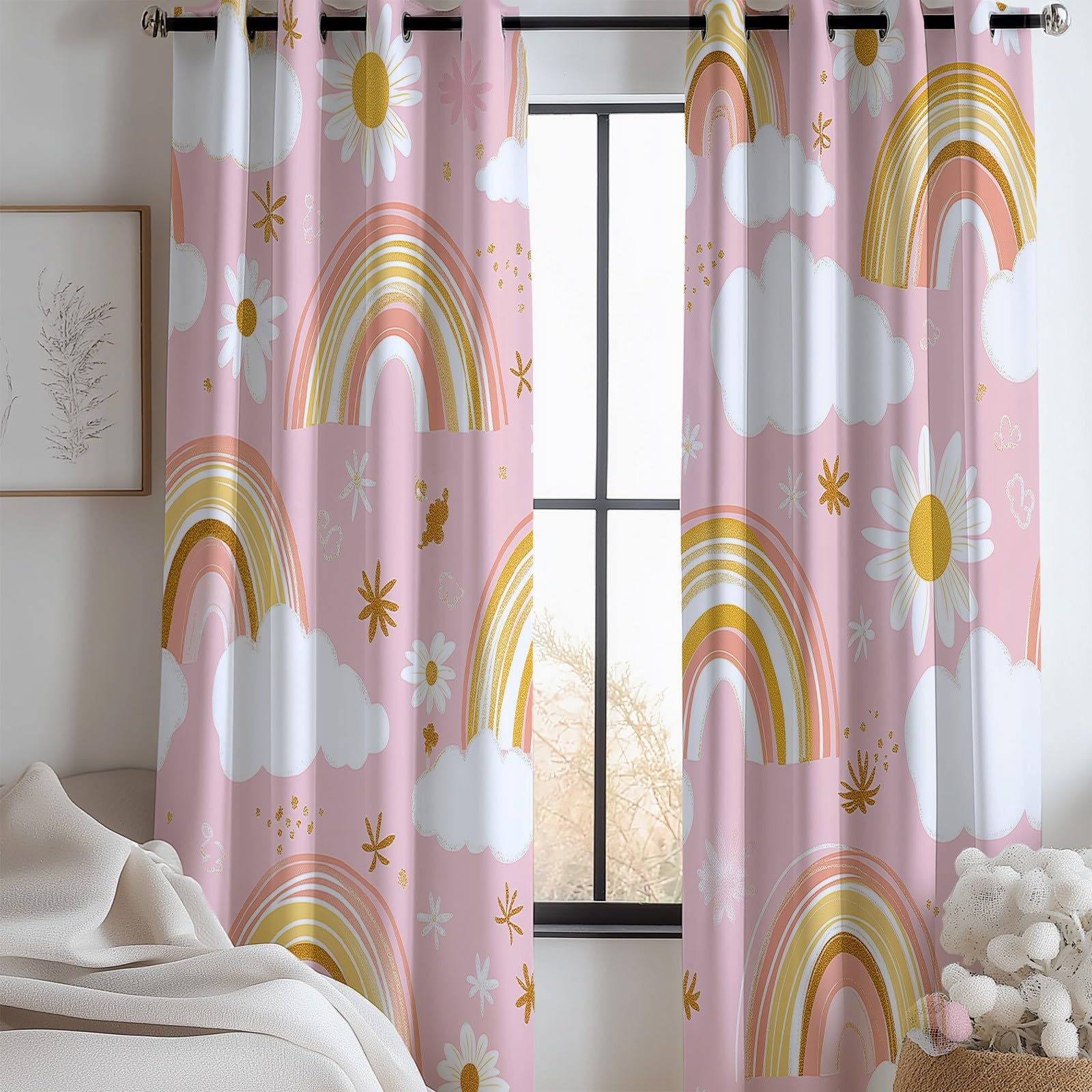 Générique Rideaux Occultants Nuages Arc en Ciel Plantes Fleurs, Rideaux Imprimé Isolant Thermique Anti Froid - Draperies Polyester Oeillet Rose pour Chambre Salon Décoration Lot de 2 110L x 215H cm