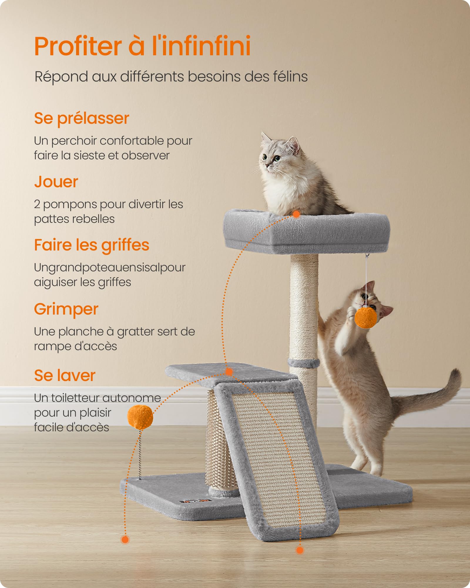 Feandrea Griffoir pour Chat avec Lit, Griffoir Multifonctionnel avec Rampe de Grattage Pivotante, Perchoir, Toilettage Autonome, Pompons, Petit Arbre à Chat, Gris Clair PCA024G01