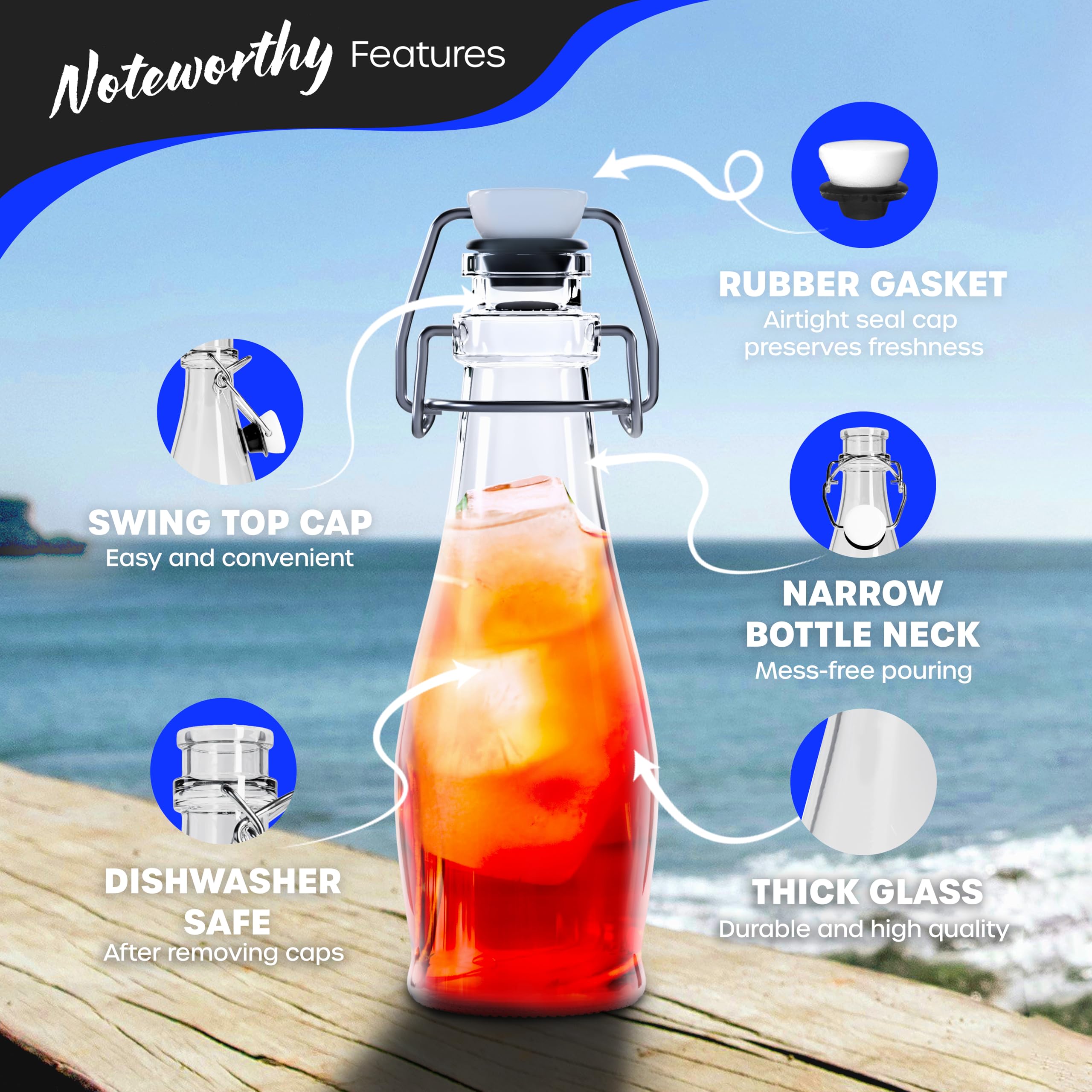 Nevlers Paquete de 12 botellas de vidrio con tapa abatible de 250 ml, botellas de vidrio transparentes con tapa, embudo plegable, cepillo de limpieza y marcador dorado, para uso como tarros de