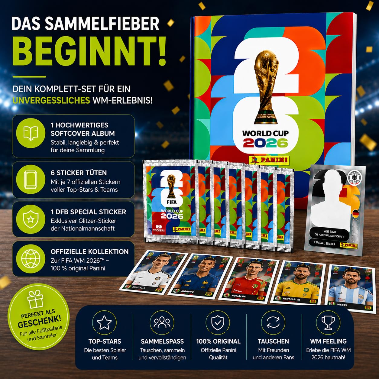Panini Album di Adesivi Originale 2026 Mondiali Set di Base XXL Starter Set XL Copertina Morbida 6 Sacchetti Adesivi Germania