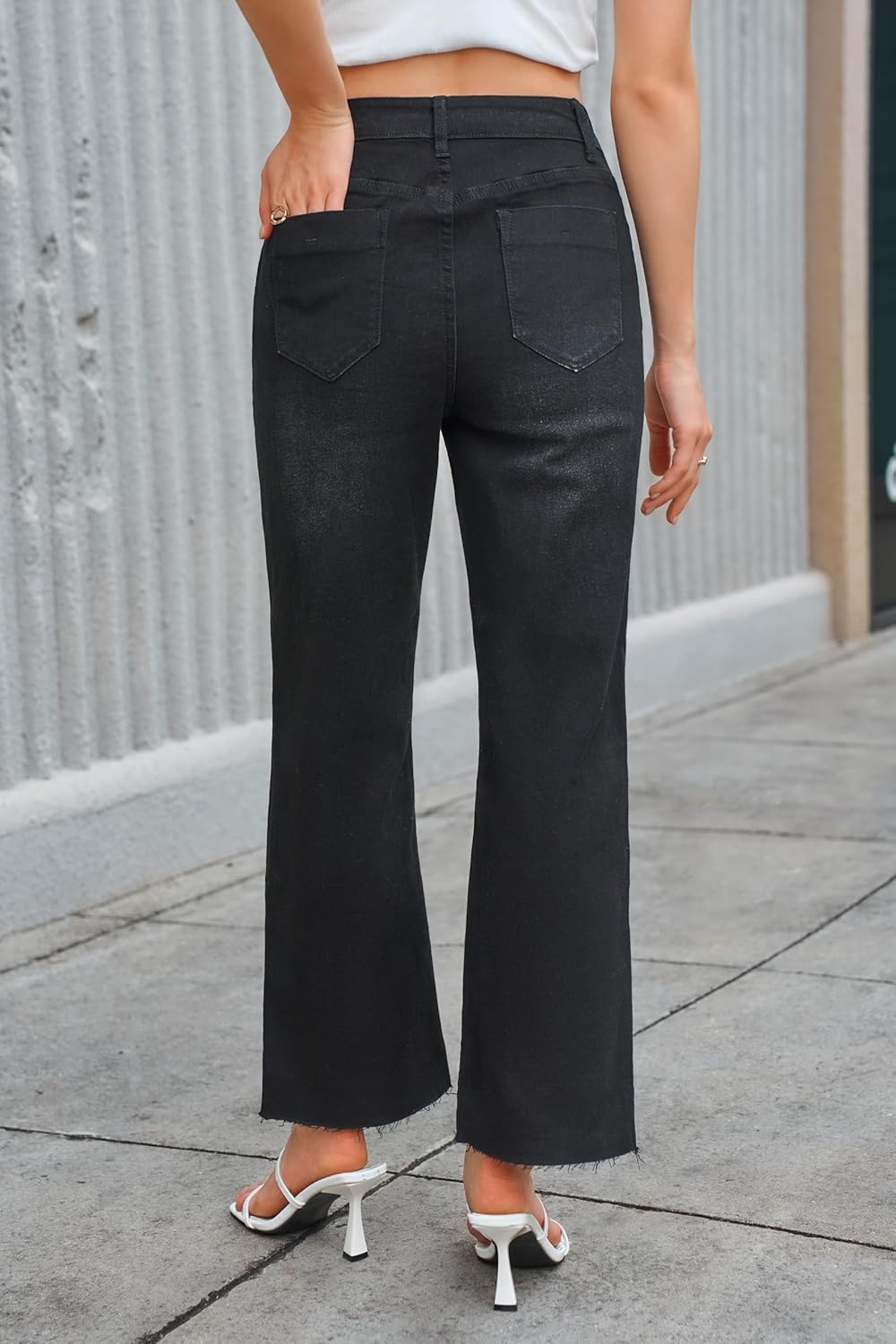 Wide Leg High Waisted Jeans for Women Trendy Stretchy Cropped Straight Leg Flare Jeans Frayed Hem Baggy Denim Pants - Image 2