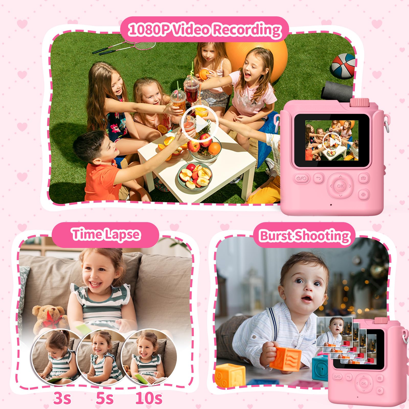 Gofunly Kids Camera Instant Print, 1080P Digital Camera for Kids with 32GB Card & 5 Print Paper Rolls - Image 3