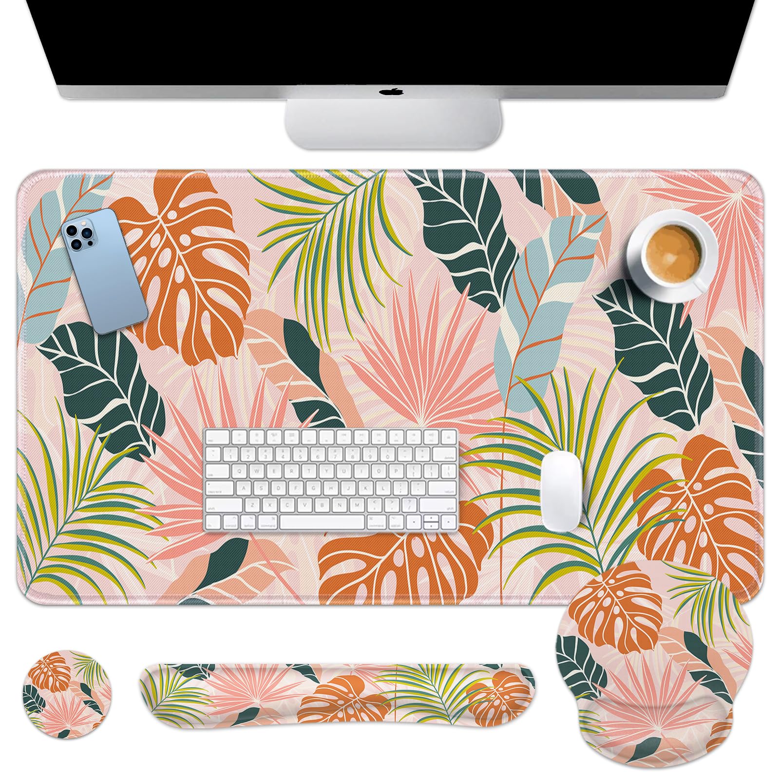 Britimes Bohemian Palm Leaf Keyboard Mouse Pad Set 4in1 Large Mousepad+Keyboard Wrist Rest+Mouse Wrist Rest+Coaster Set with Ergonomic Design for Home