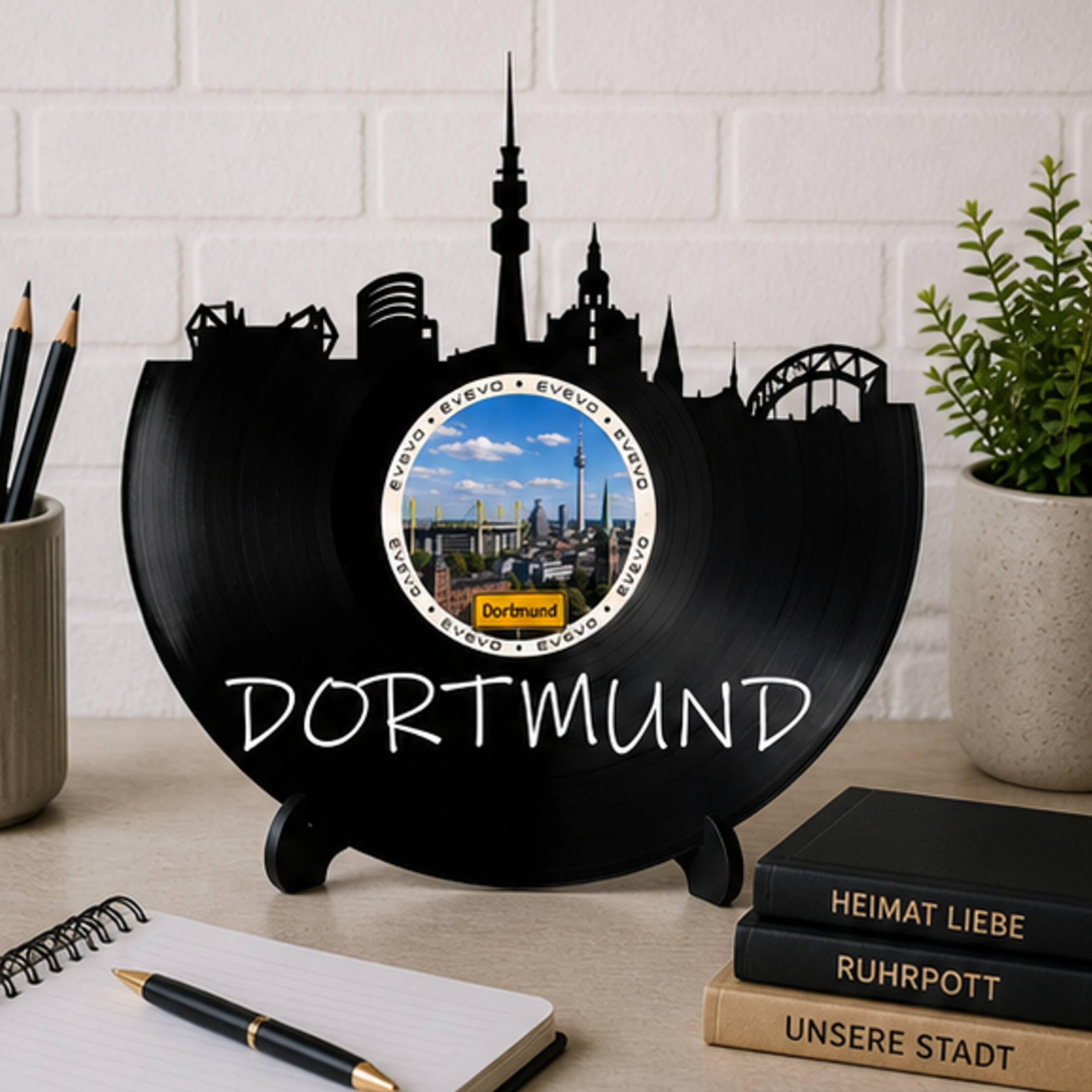 EVEVO Decorazione da parete a forma di disco di Dortmund, decorazione da parete in vinile, motivo skyline della Ruhr, regalo per gli appassionati di Dortmund U, D0057