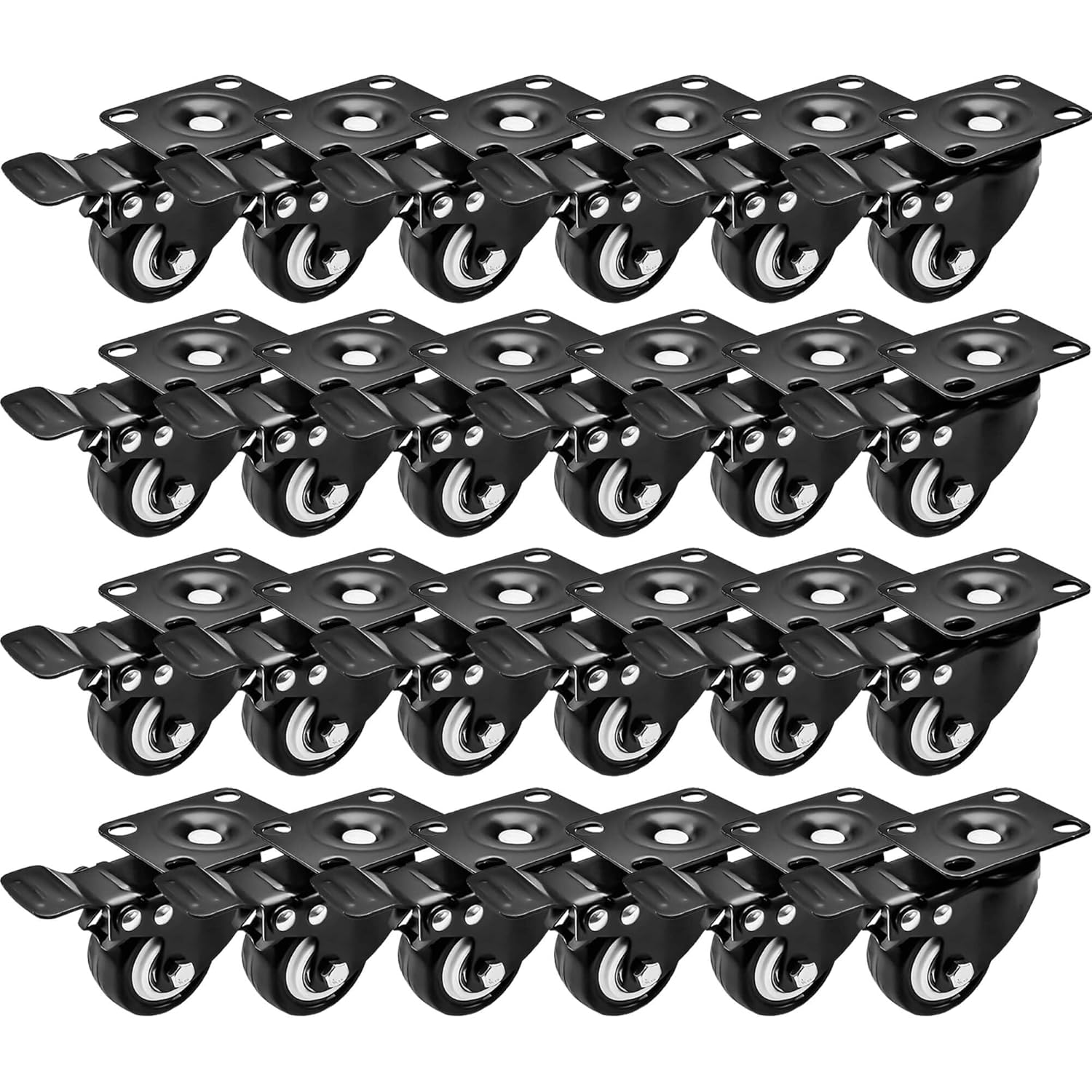 24 Pack Swivel 1.5" Caster Wheels Rubber Base with Top Plate & Bearing Heavy Duty with Total Lock Brake (24 Pack with Brake)