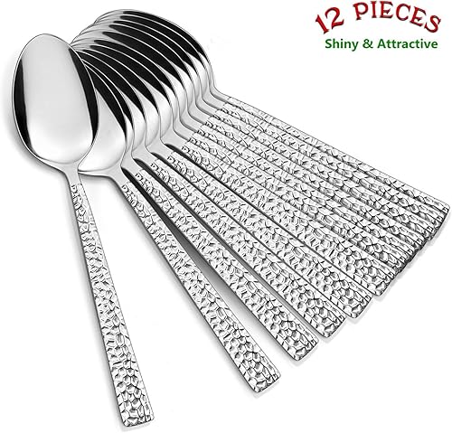 Miniatura 3 de E-far - Juego de 12 cucharas martilladas de acero inoxidable de 6.7 pulgadas para cocina o restaurante, no tóxicas y pulidas con espejo, borde