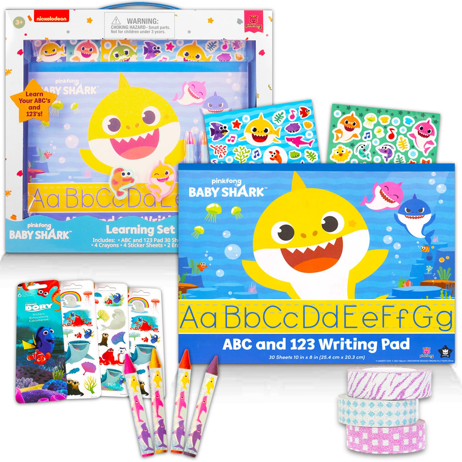PinkFong Baby Shark ABC 123 Learning Set for Kids Boys and Girls 4 Pc Bundle with Baby Shark Learning Board, Paw Print Stampers, Stickers, and More (Blues Clues Educational Toys).