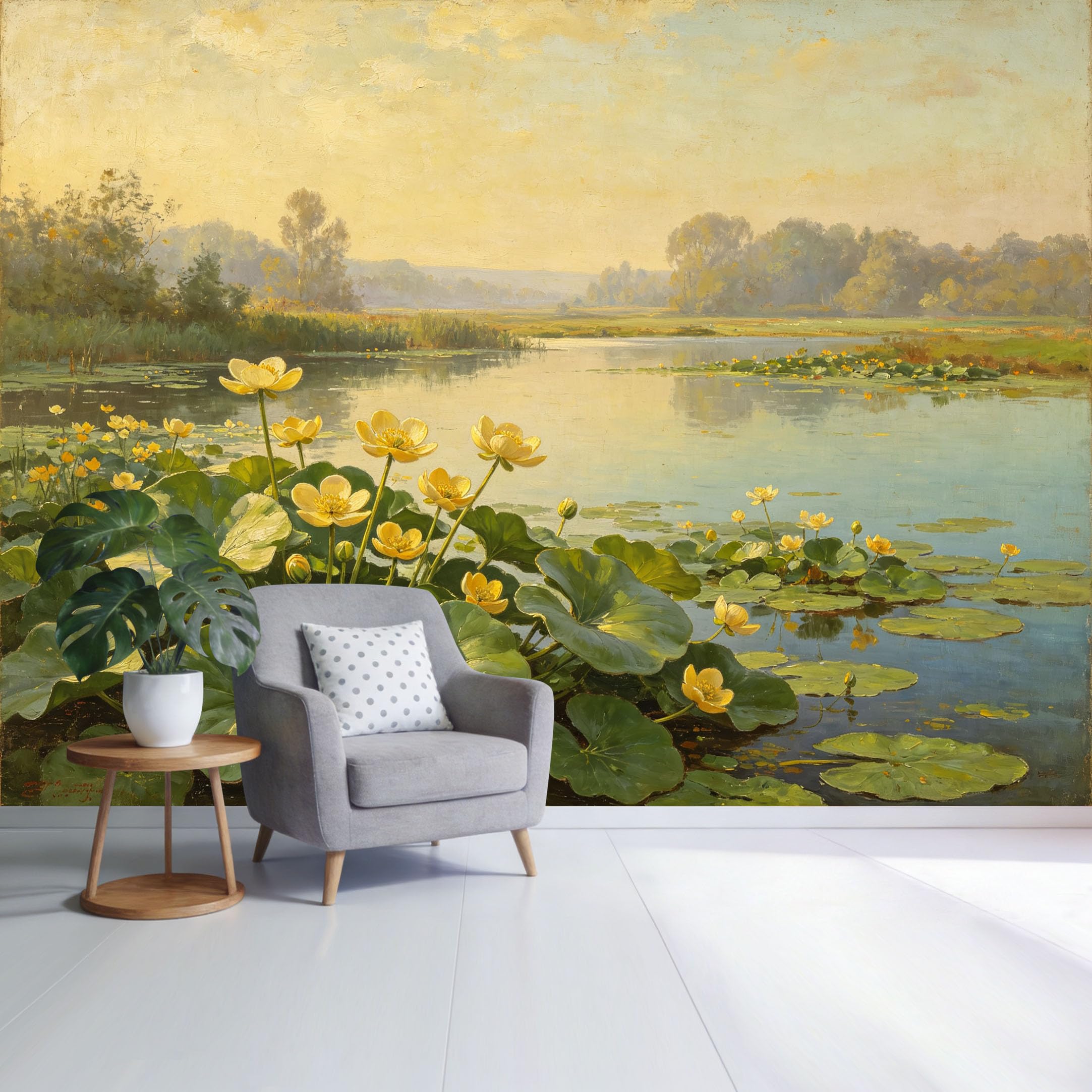 Custom Size Wall Mural Tranquil Lake Landscape with Yellow Water Lilies and Green Lotus Leaves Botanical Nature Scenery SelfAdhesive Wall Fabric Removable Wallpaper for Home Office Decor