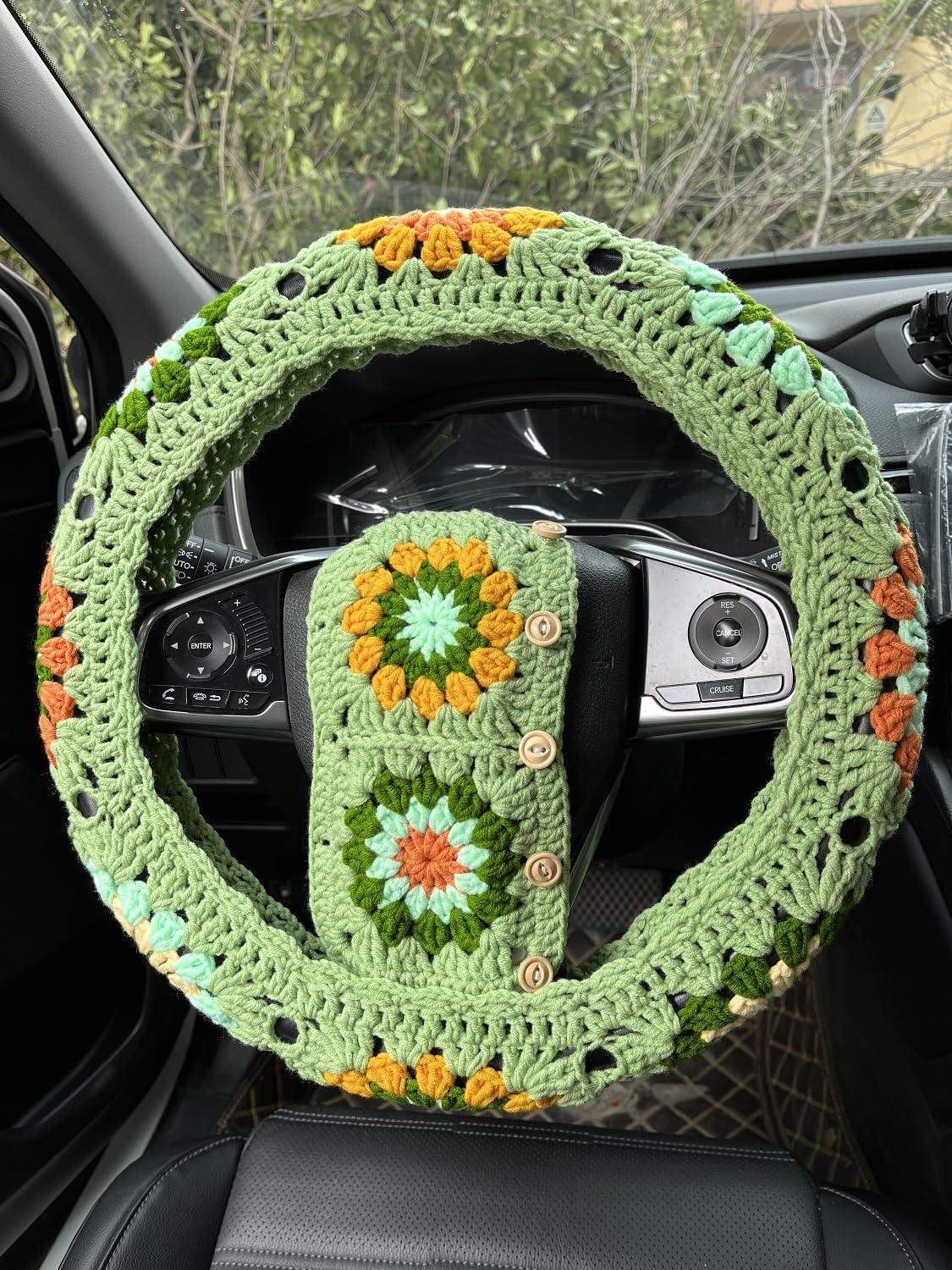 YDM Handmade Crochet Steering Wheel Cover,Sunflower Crochet Steering Wheel Cover, Steering Wheel Cover for Women Girl (Steering Wheel Cover+2 Belt Cover)