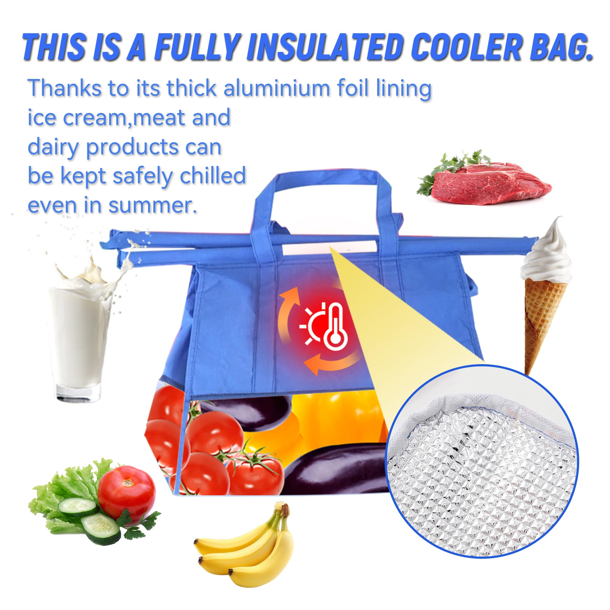 auvstar Set di 4 Borse per Carrello Spesa Supermercato,1 Borsa Termica blu e 3 Sacchetti in rete Riutilizzabili,Borsa Pieghevole con Manici e Chiusura in Velcro,Carico 23kg