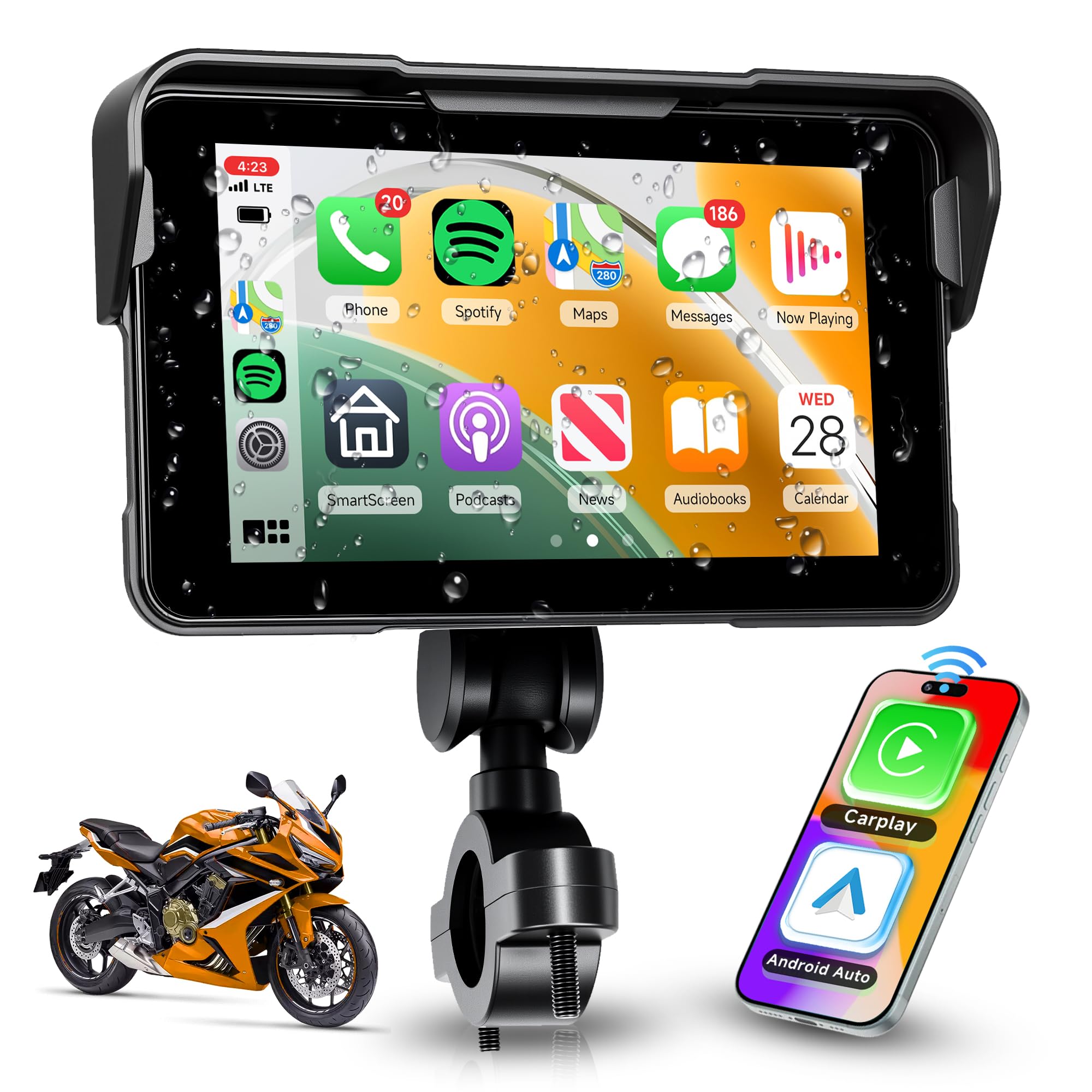 Rimoody Sans Fil Carplay Display Moto, Écran Tactile 5 Pouces, Autoradio Portable pour Moto avec Airplay/Android Cast/Bl
